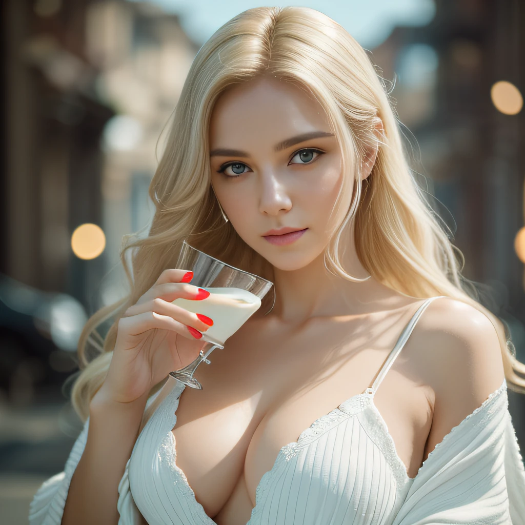 A graceful and nurturing Woman Holding Glass of Milk, serene expression,Super Fair Skin, White flowing and cascading Blonde Hair, warm and comforting gaze eyes, Milk background,Too Beautiful Woman Extremely Beautiful woman, Medium Breast nikon d850 film stock photograph 4 kodak portra 400 camera f1.6 lens rich colors hyper realistic lifelike texture dramatic lighting unreal engine trending on artstation cinestill 800,8k,cinematic,cinematic shot, Medium shot