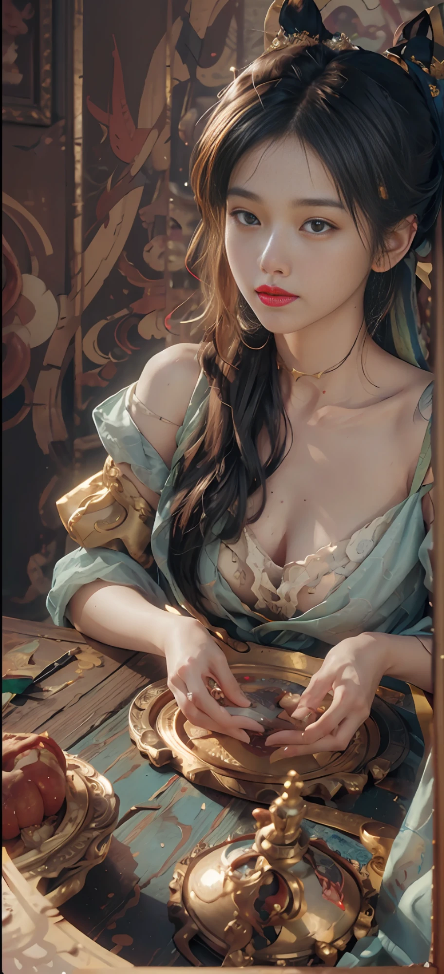 (RAW photo, best quality), (realistic, photo-realistic:1.3),best quality,highly detailed,masterpiece,ultra-detailed,illustration,1girl,upper_body,dynamic angle,world masterpiece theater,messy_long_hair,best quality,extremely detailed CG unity 8k wallpaper,ink,Amazing,cinematic lighting,lens_flare, dunhuang_style