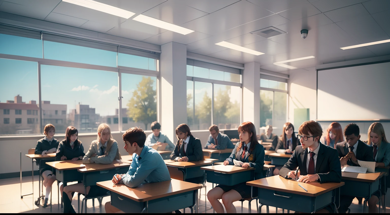 Drawing, ultra realistic, 8k, extremely detailed, in the best quality, students in a classroom