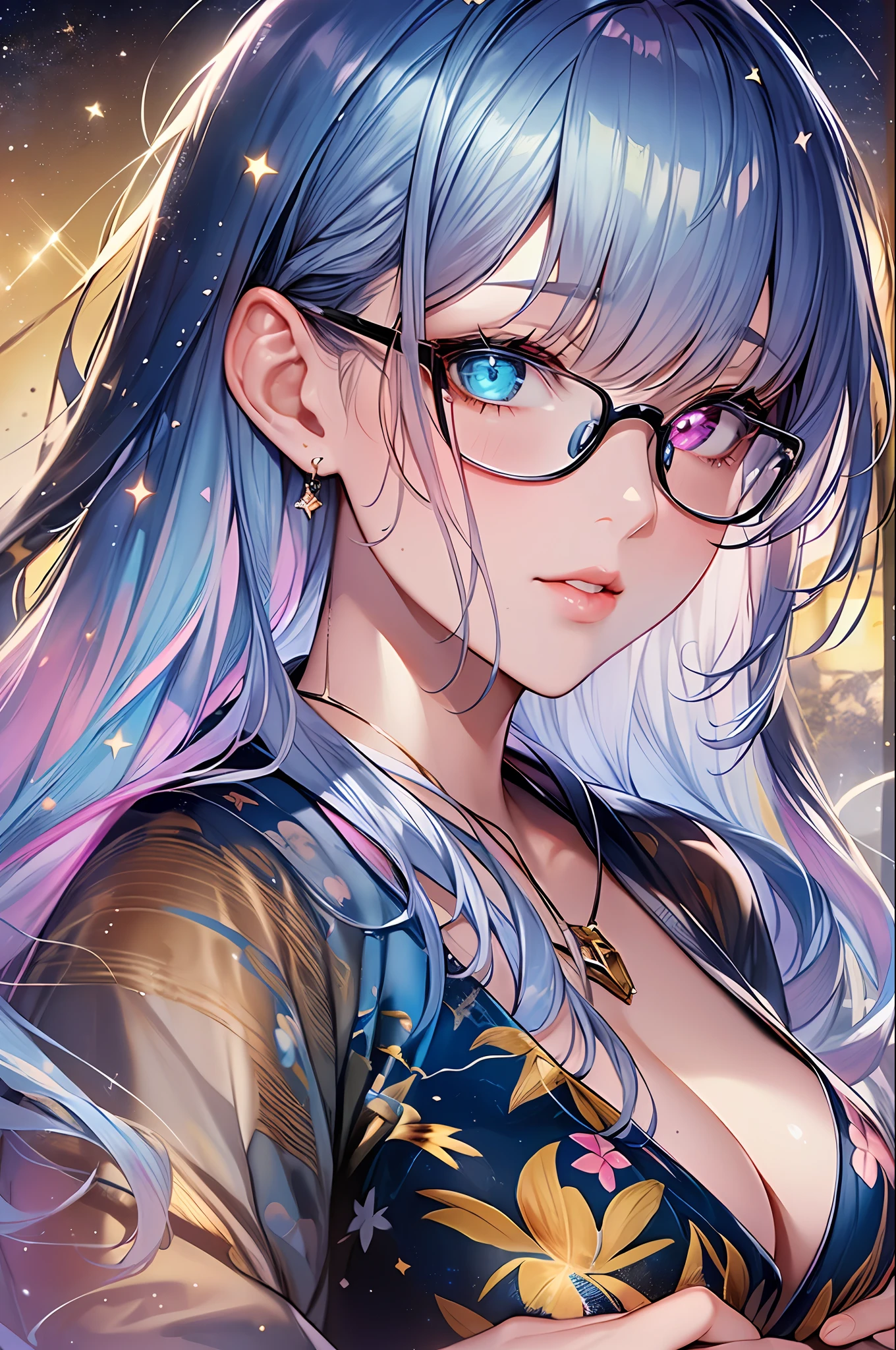 (Masterpiece, Masterpiece, Top Quality, Watercolor, Pendant)), Official Art, Beautiful and Aesthetic: 1.2), (Golden Ratio: 1.2), (Full Body: 1.2), (Super Detail: 1.3), (1 Girl: 1.3), (Fractal Art: 1.3), (Glitter Pupil)), Pattern, (iridescent hair, colorful hair, half blue and half pink hair: 1.2)), colorful, ( Glasses), writing, (heterochromia), (colorful: 1.5), ((yukata)), ((Hakata yukata)), (large fireworks in the background)), night sky, (((shy face)), (micro bikini)), ((hyper detail)), (delicate detail)), (complex detail)), ((cinematic light, highest quality backlight)), high contrast, ( (best lighting, very delicate and beautiful)), ((cinematic light)), (traced reflection, brilliance), (((glowing aura)), (hair shine)), ((super detail)), ((8K)), (shooting star)), ((beautiful lips)), (face close-up)), colorful lens reflection