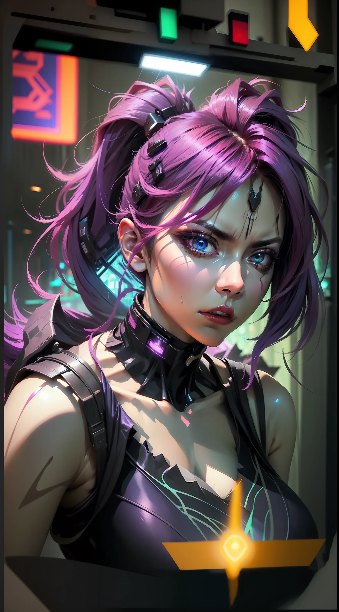 Urban woman in Spider-Man tights, regular breasts, Cyberpunk Style, Neon background, Real face, multicolored hair, evil, despair, expressionless eyes, Ultra-Wide Angle, cinematic lighting, glowing light, from above, best quality, super detail, masterpiece, anatomically correct, 8k