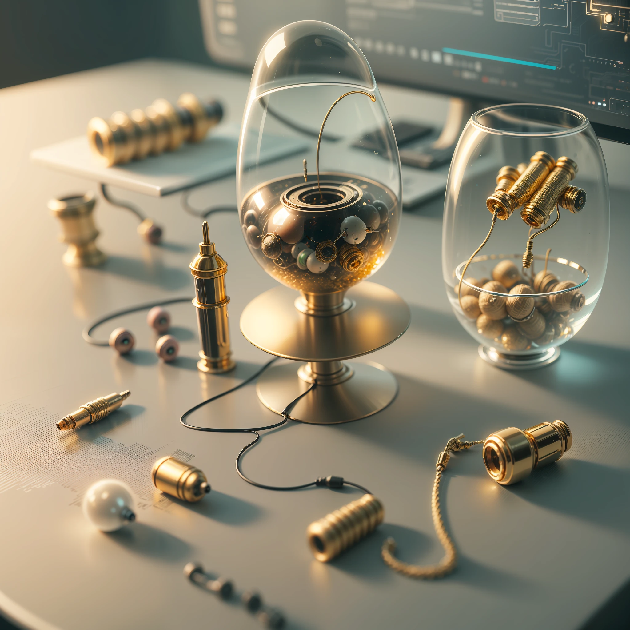 On the Futuristic cyberpunk table lie transparent gold and glass tampon, kegel balls, gold hearing aid, small gold earphones, hearing aid, nose plug, earplug, this stuff lie on futuristic table, futuristic 3d printer print gold cylindrical small slippery corks, in small technical Futuristic cyberpunk room