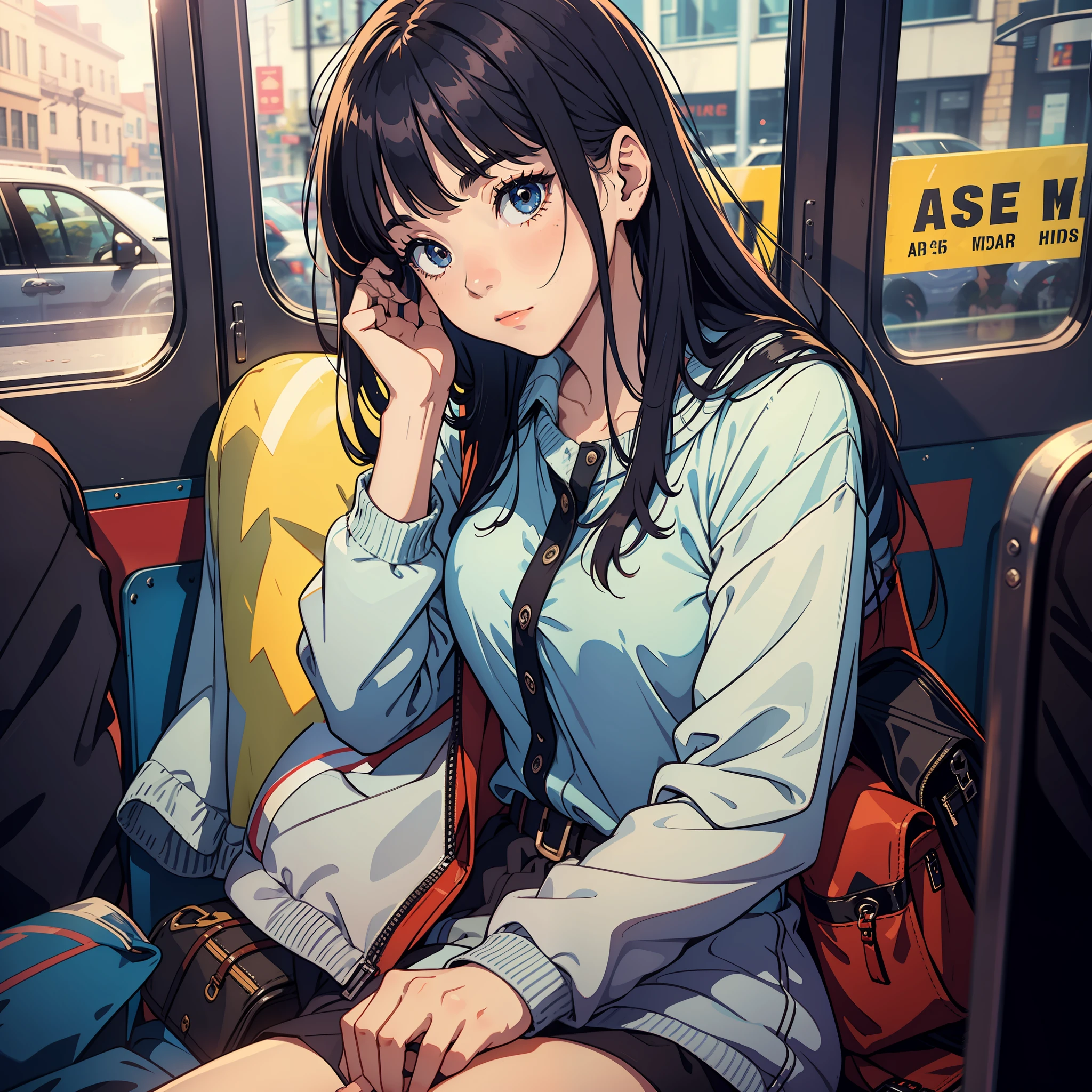 A young girl sits on a bus, whispering to someone next to her