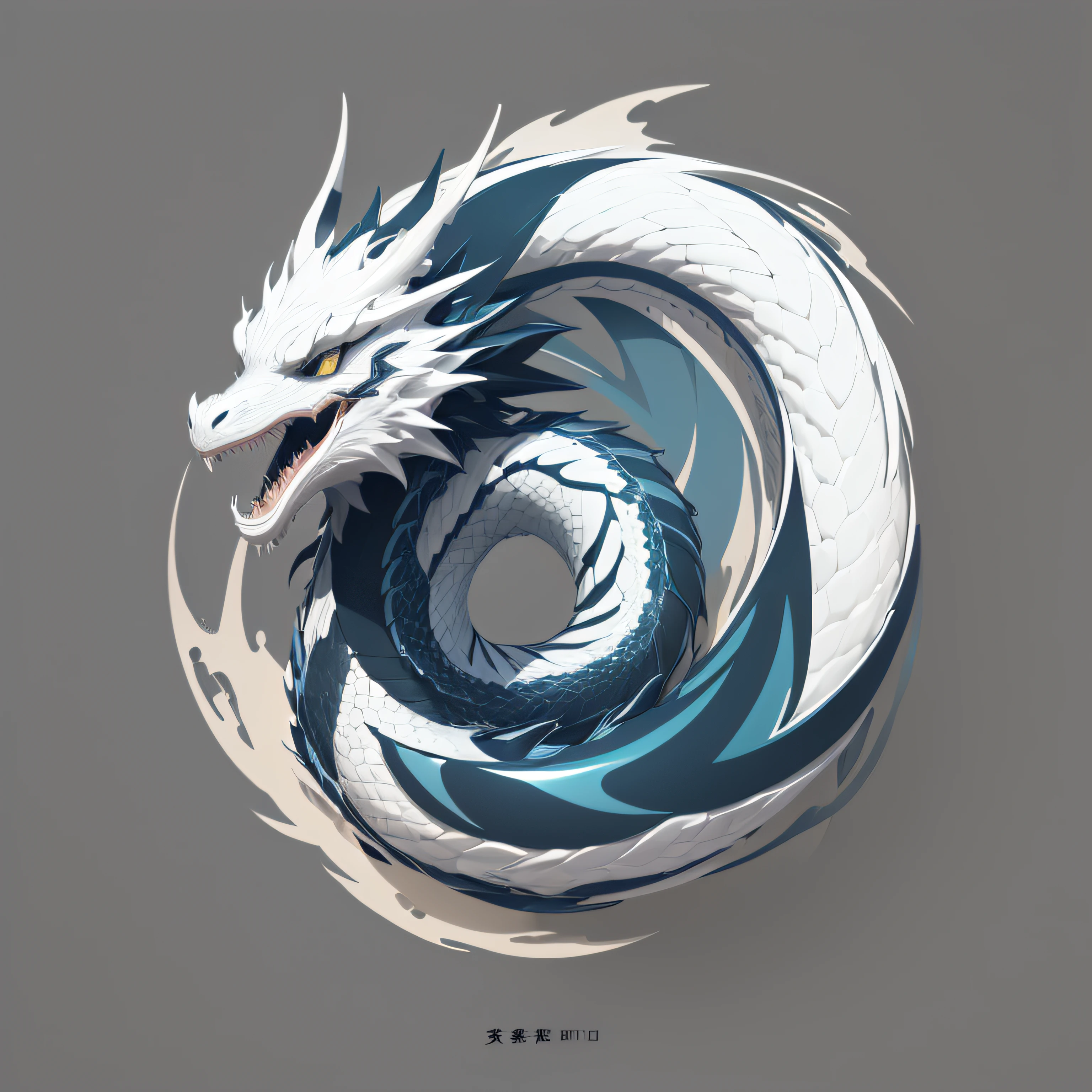 high resolution, 2D linear logo, white mackerel, white striped Chinese dragon, pale blue background, minimalist and simple logo, smooth vector illustration, monochrome,