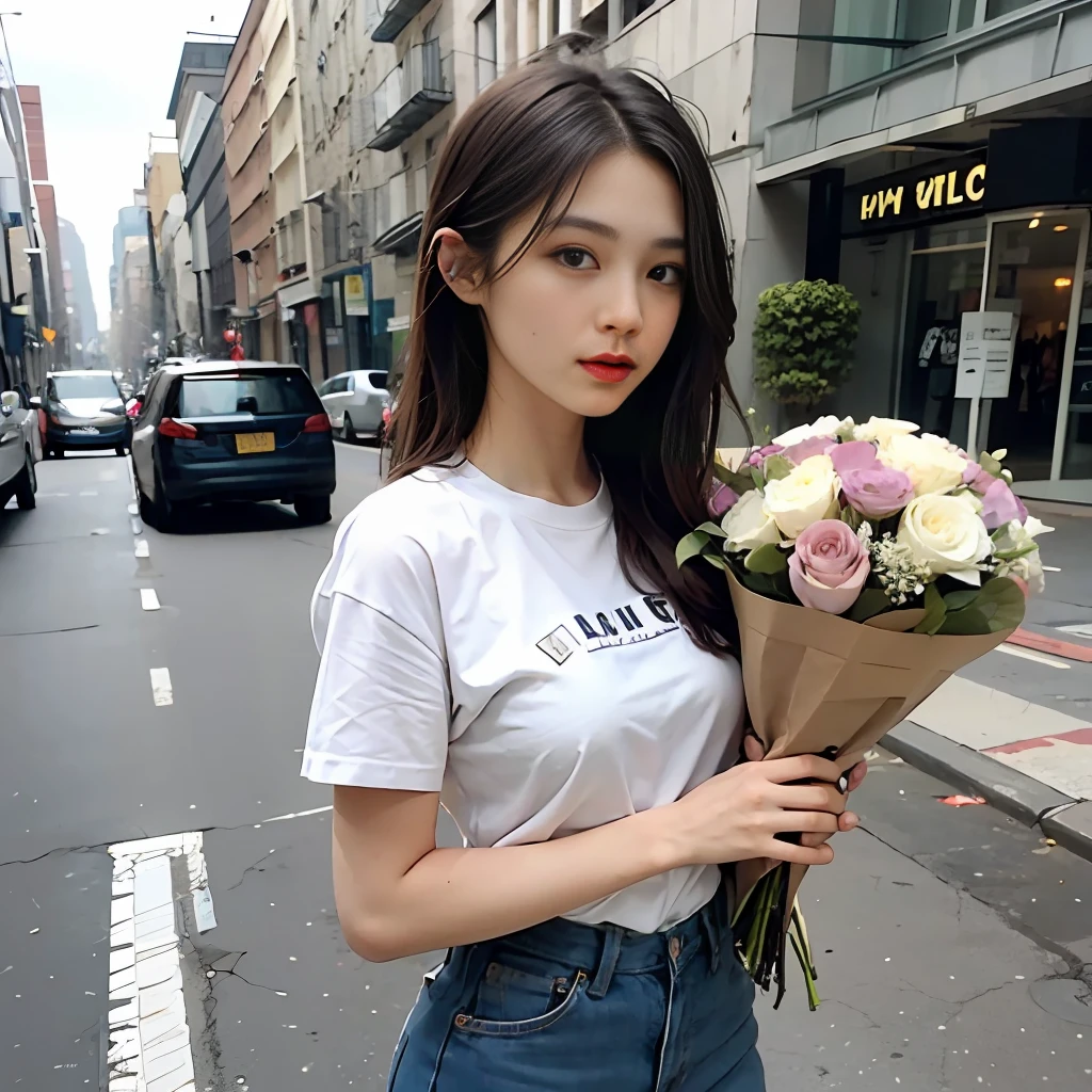 Beautiful woman holding a bouquet of flowers in the middle of the street, short clothes