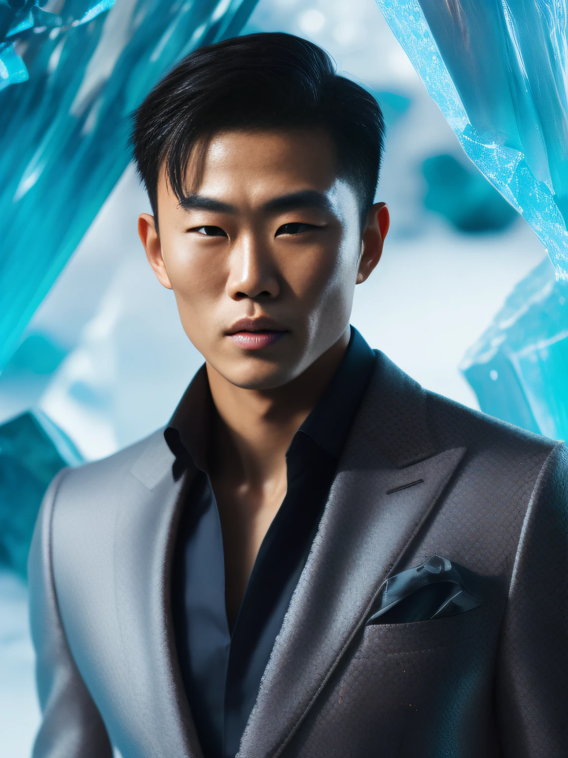 A handsome Chinese male model, wearing a suit with exquisite facial details, he stands inside the ice, the ice cube is shattered, Sena Nakajima is all over, wide-angle lens, Fujifilm, very bright scene. Cinematic composition and dramatic lighting, crazy detail and complexity, 8k, commercial photography, masterpiece, best quality, hyper detail, perfect anatomy, very detailed CG Unity 8k wallpaper.