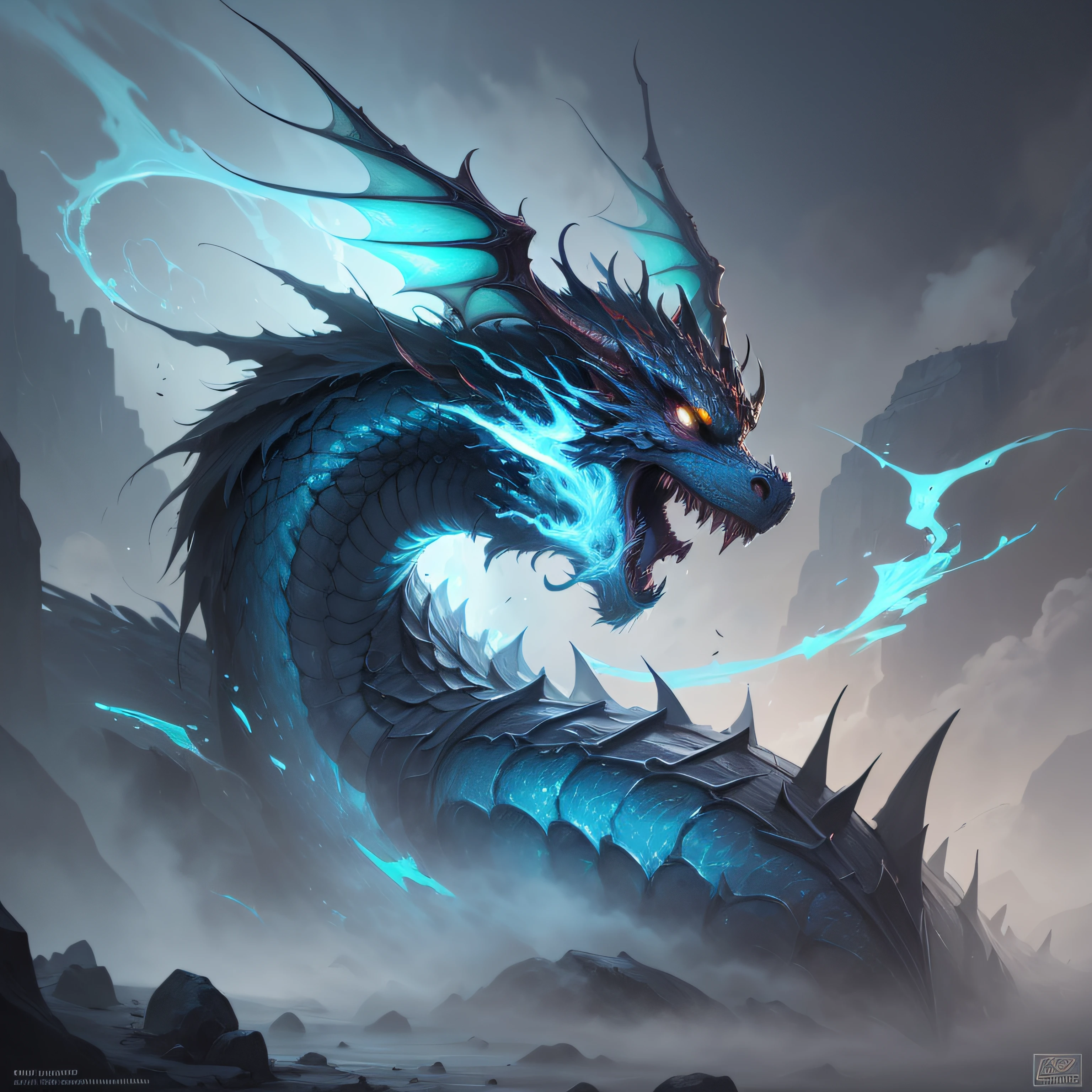 Side black and white dragon, fluorescent blue, cool, light effects, magic special effects, mist, dust, stones, picture tension, very detailed digital painting, High Detail Digital Painting, low detail. Digital Painting, High Detail Digital Painting, Highly Detailed Digital Painting, DND Fantasy Art, Studio Gibley Style Ghost, Detailed Digital Painting, Anime Painter Studio Production, Digital Painting Concept Art, Highly Detailed Fine Fan Art