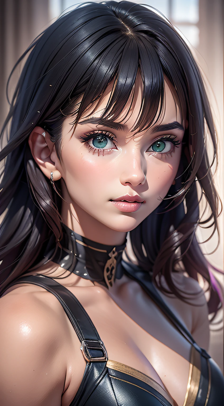 Immerse yourself in the beauty of the face of a young European girl as the camera zooms in, her sleek black hair framing her face with elegance, her captivating green eyes shining with a mix of confidence and intrigue, a small nose adding a touch of grace, her lips adorned with a captivating shade of purple lipstick, the image captured in a 9:16 aspect ratio, the high-performance camera bringing out every subtle detail of her skin, Sculpture, meticulously sculpted in clay and polished to perfection, showcasing the intricacies of her facial features in a three-dimensional form
