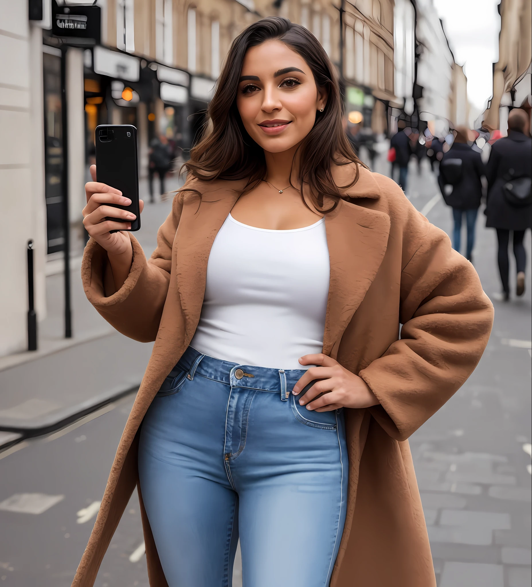 selfie of Latina woman, on the streets of London city, RAW photo, portrait photo of upper body, (long brown coat: 1.2), (good top: 1.2), (high jeans: 1.2), (highly detailed skin: 1.2), 8k uhd, dslr, soft lighting, high quality, film grain, sharp focus, daylight