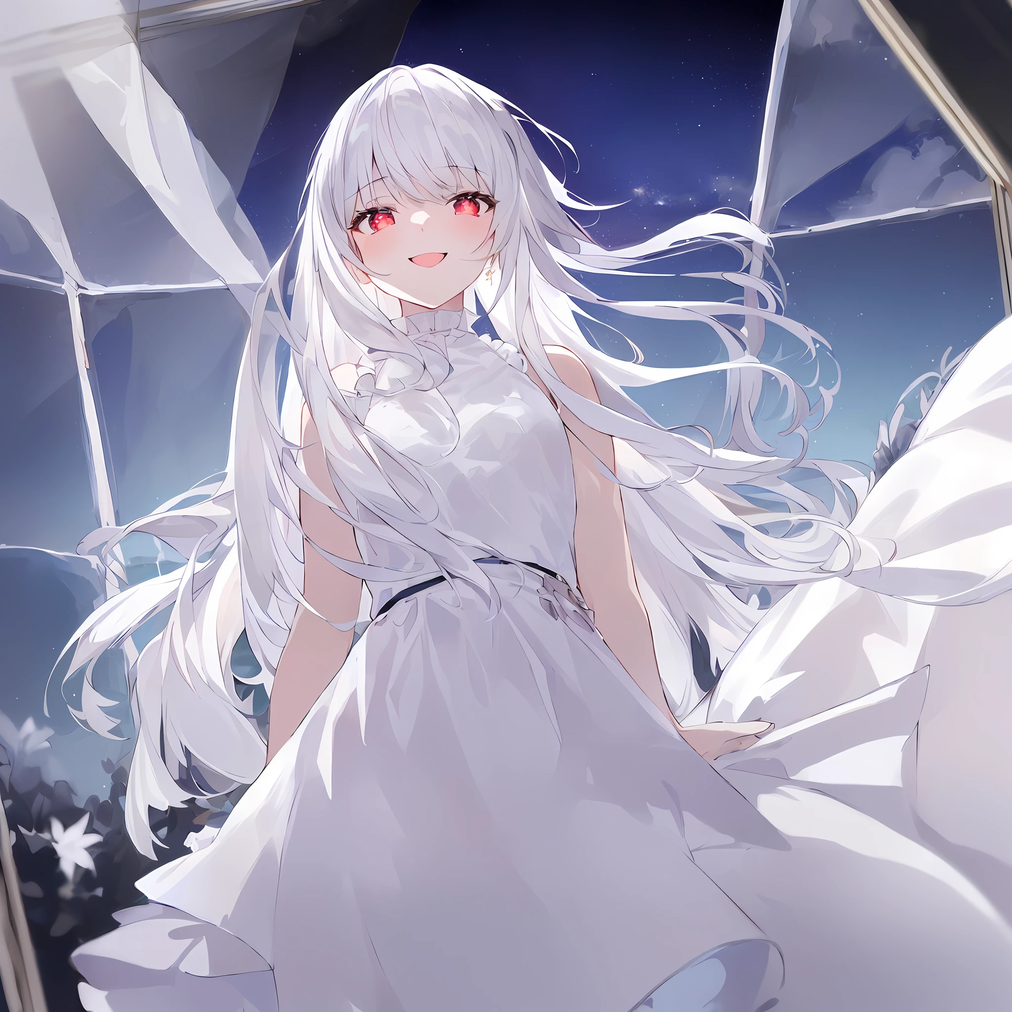 1girl, full body, denim photo, (Rembrandt), illustration, (masterpiece), (best quality), (ultra_detailed), finely detail, (Depth of field), gloves, long hair, star\ (symbol\), looking at viewer, (Silver hair:1.2), red eyes, upper body, hair ornament, :p, frills, pink shirt, smile, sleeveless, shirt, idol, symbol-shaped pupils, hands up, brags smile, sleeveless, shirt, idol, hands up, bangs, side up, arms up, skirt pulling, roaring twenties, isometric, seen from above, sky, flowers, cliffs,