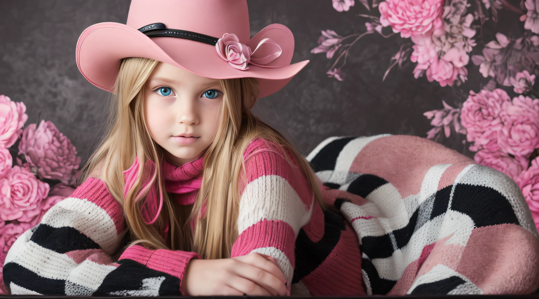 BLONDE CHILD girl,wearing a pink hat and scarf sitting on a black leather chair, photo from a promotional session, promotional photoshoot, young girl, beautiful young model, pink cowboy hat, young ager, photo shoot, photoshoot, inspired by Toros Roslin, red dress and hat, modeling essay, young and beautiful girl, studio portrait photography, photoshoot solo