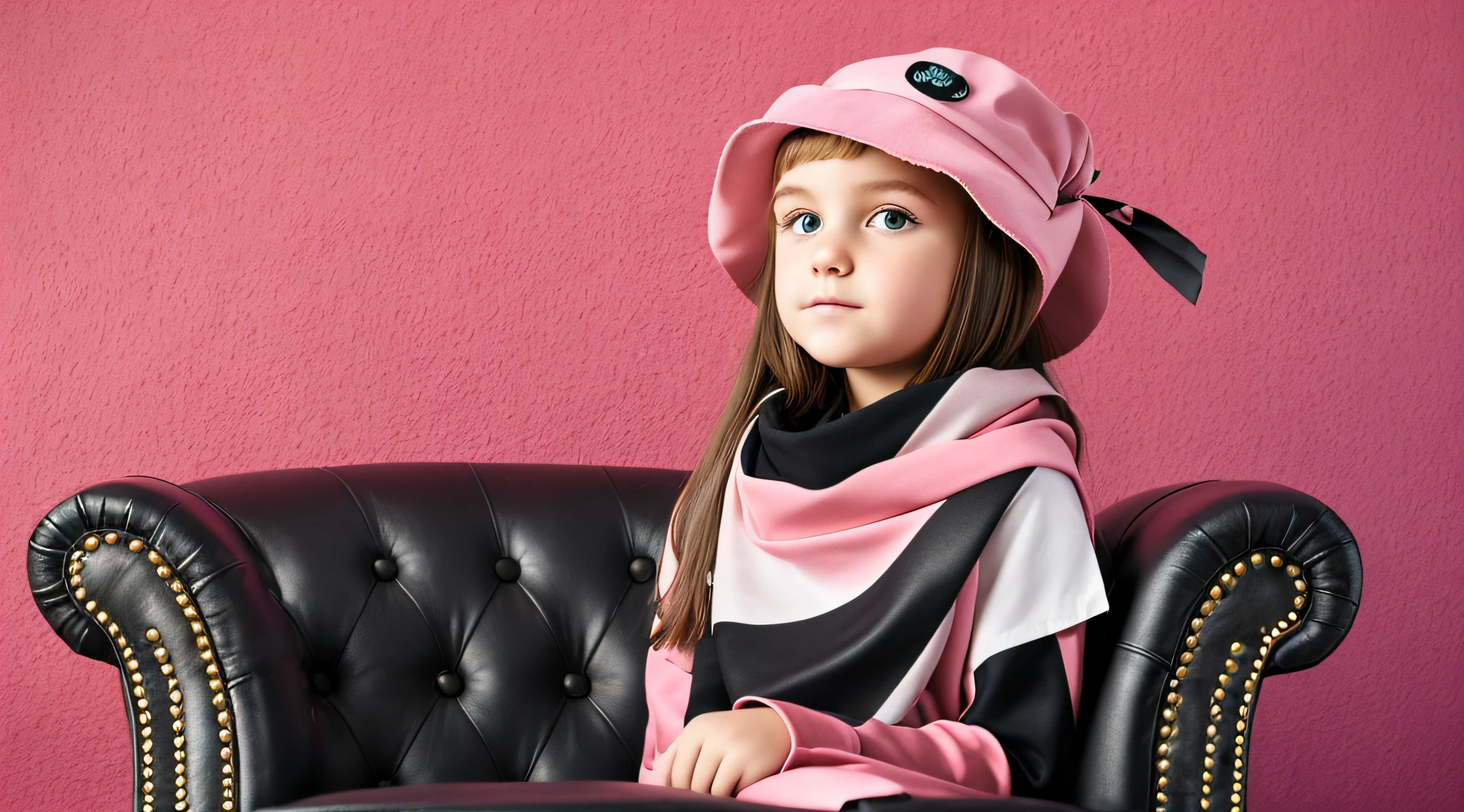 BLONDE CHILD girl,wearing a pink hat and scarf sitting on a black leather chair, photo from a promotional session, promotional photoshoot, young girl, beautiful young model, pink cowboy hat, young teenager, photo shoot, photoshoot, inspired by Toros Roslin, red dress and hat, modeling essay, young and beautiful girl, studio portrait photography,  photoshoot solo