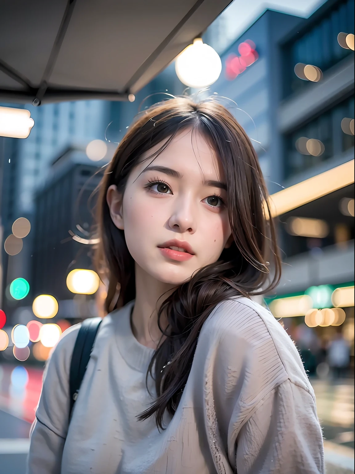 mix4,(8k, RAW Photography, Best Quality, Masterpiece:1.2), (Realistic, Photorealistic:1.37),Cute,Cityscape, Night, Rain, Wet, Professional Lighting, Photon Mapping, Radiosity, Physically Based Rendering,