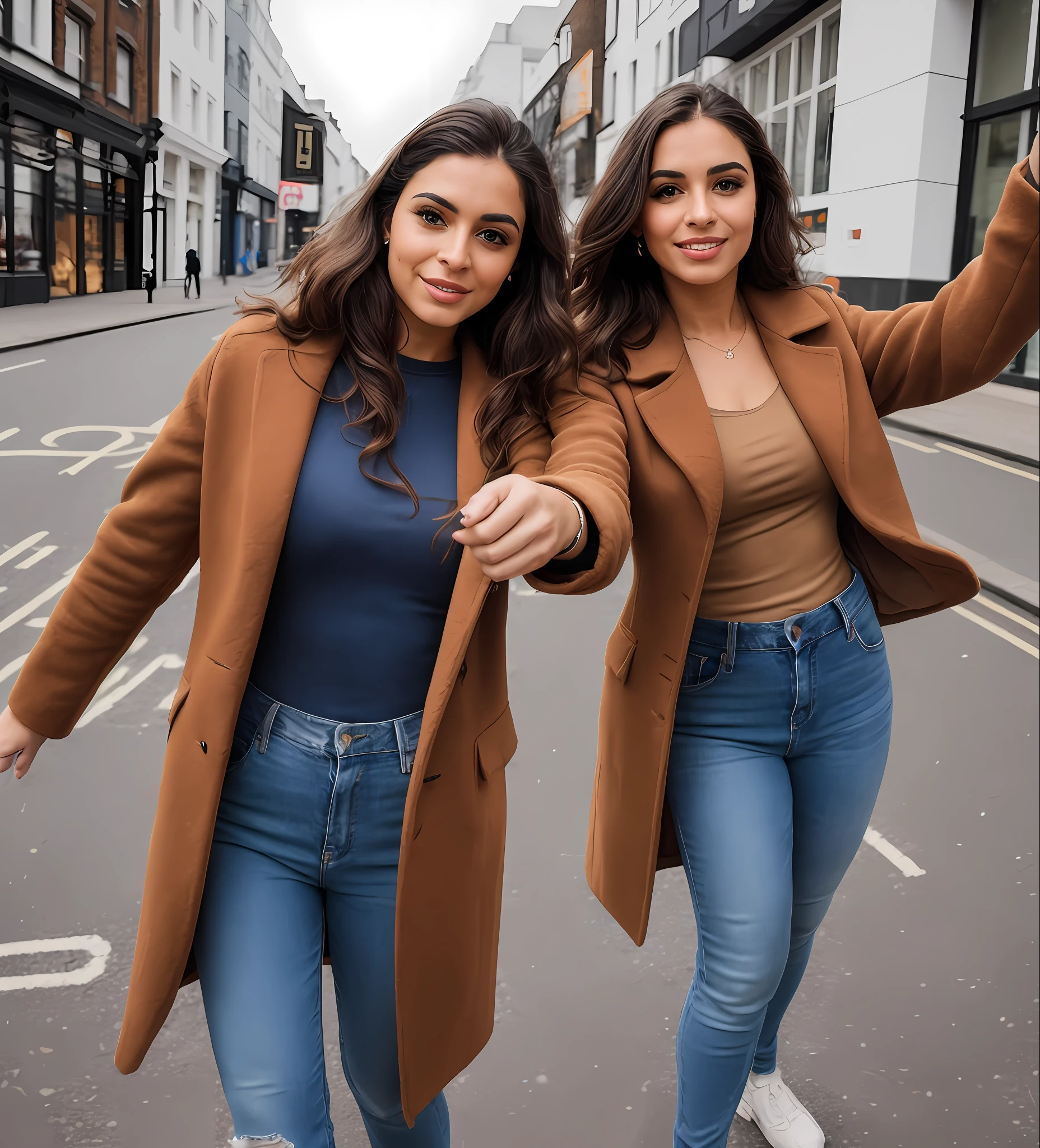 selfie of Latina woman, on the streets of London city, RAW photo, portrait photo of upper body, (long brown coat: 1.2), (good top: 1.2), (high jeans: 1.2), (highly detailed skin: 1.2), 8k uhd, dslr, soft lighting, high quality, film grain, sharp focus, daylight