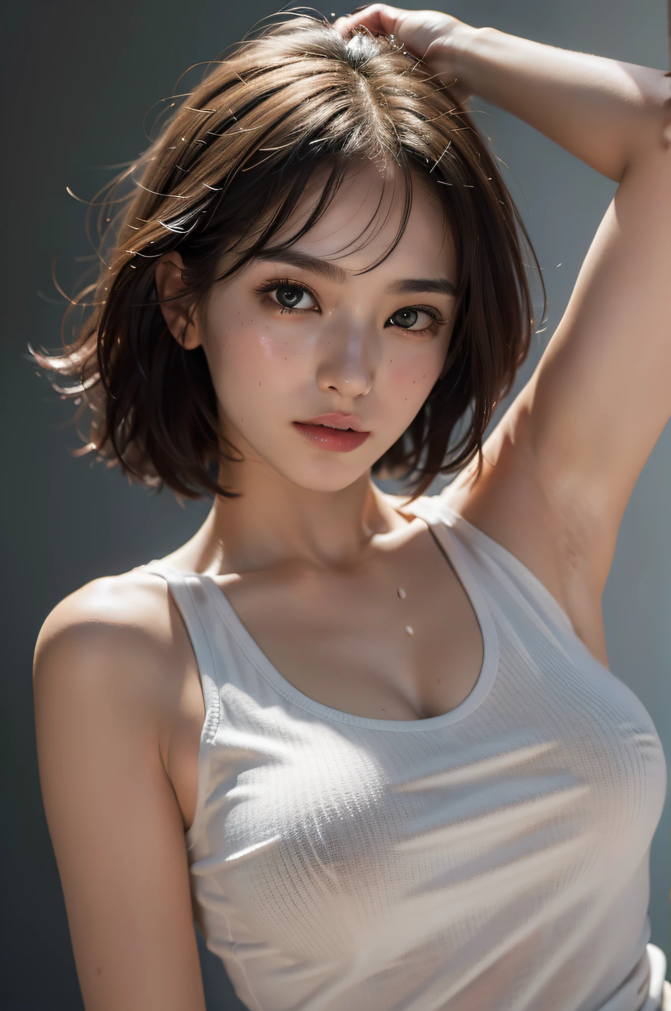 (Ultra Real), (Illustration), (High Resolution), (8K), (Very Detailed), (Best Illustration), (Beautiful Detailed Eyes), (Best Quality), (Ultra Detailed), (Masterpiece), (Wallpaper), (Detailed Face), Droopy Eyes, Sweaty, Upper Body Up,Under the Armpits,Short Hair,One Girl In Simple White Tank Top, Japan Person, Huge, (Camel Toe)