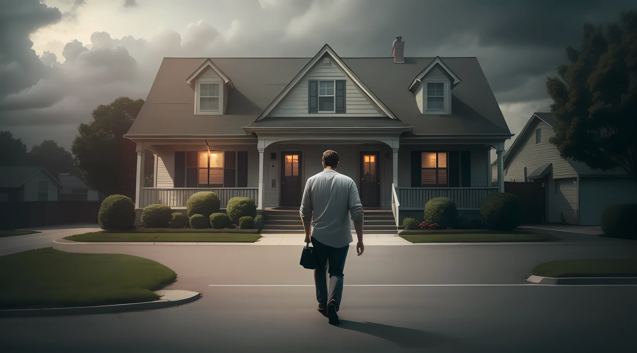 arafed man walking in front of a house with a briefcase, standing outside a house, realistic movie still, photorealistic movie still, cinematic realistic photo, in front of a two story house, photorealistic cinematic render, realistic establishing shot, very realistic film still, award winning cinematic still, cinematic contrasted lighting, photorealistic cinematic, dramatic cinematic composition