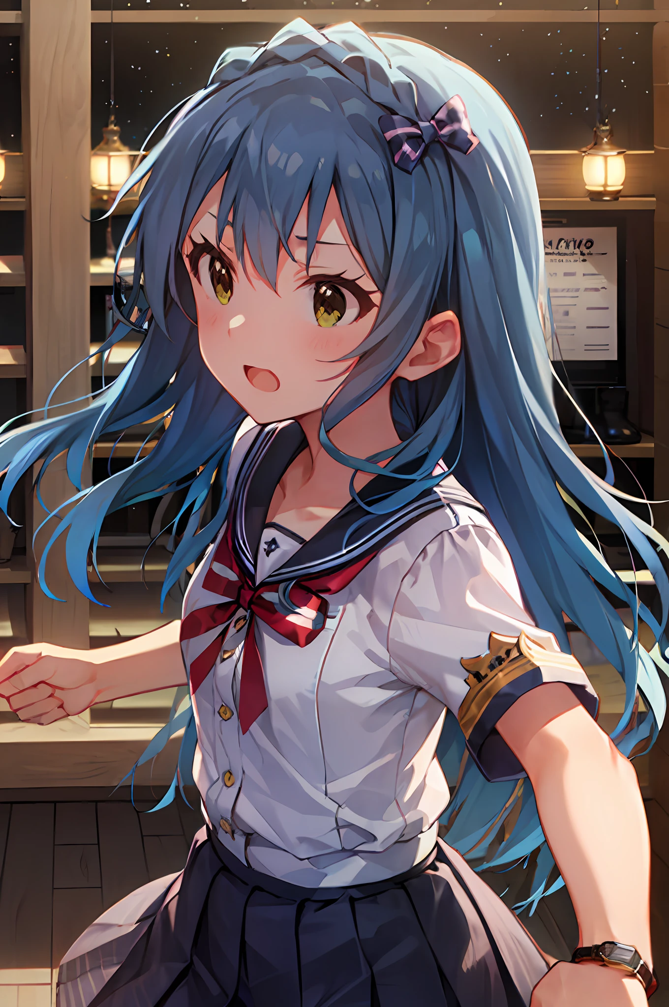 Yuriko Nanao (Million Live), (Top Quality, 8K, Masterpiece, Super Detail: 1.2), Cinematic Angle, Wide Shot, 1 Girl, Solo, Skirt, Watch Audience, Sailor Color, Pleated Skirt, Short Sleeves, School Uniform, Blush, Seravuk, Clavicle, Ribbon, Upper Body, Adjusted Hair, Wind, Floating Hair,Fighting Stance.DespairFace.Night.Clenching Fists.