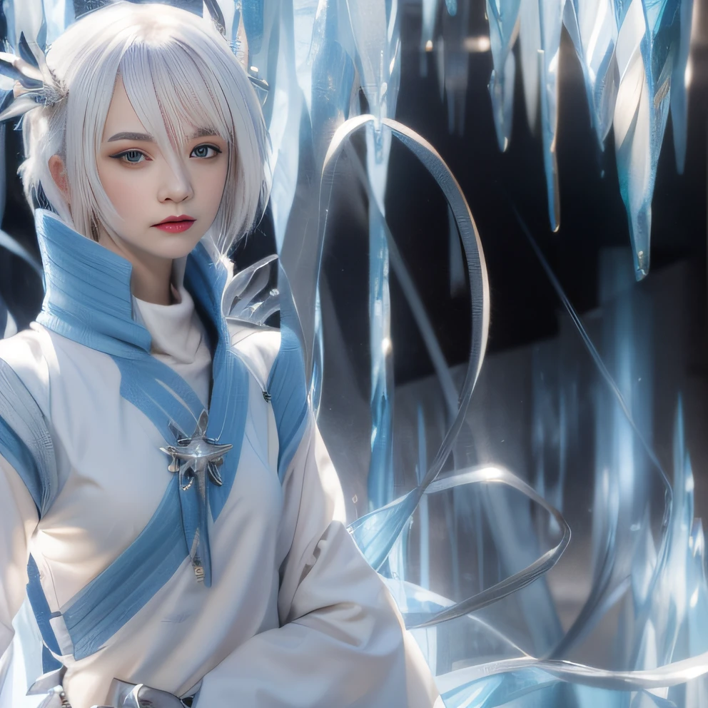 animemasume,, a woman with white hair and blue eyes in a white dress, white fox anime, tall anime guy with blue eyes, Ice turtleneck clothes，Pure white clothes, this character has cryokinesis, ice-blue-eyes, white hair god,, ice mage, the piercing stare of yuki onna, ice lord, best anime character design, icey，long-haired，{{{{White Hair}}}}，{{{{white eyebrow}}}}，{{{{white lashes}}}}，{{arrogant}}，{light frown}，{{serious}}，master works，）Best Picture Quality，Higher quality，High Details，Ultra-great resolution，8k resolution，bust，perfect face，Exquisite Facial Features