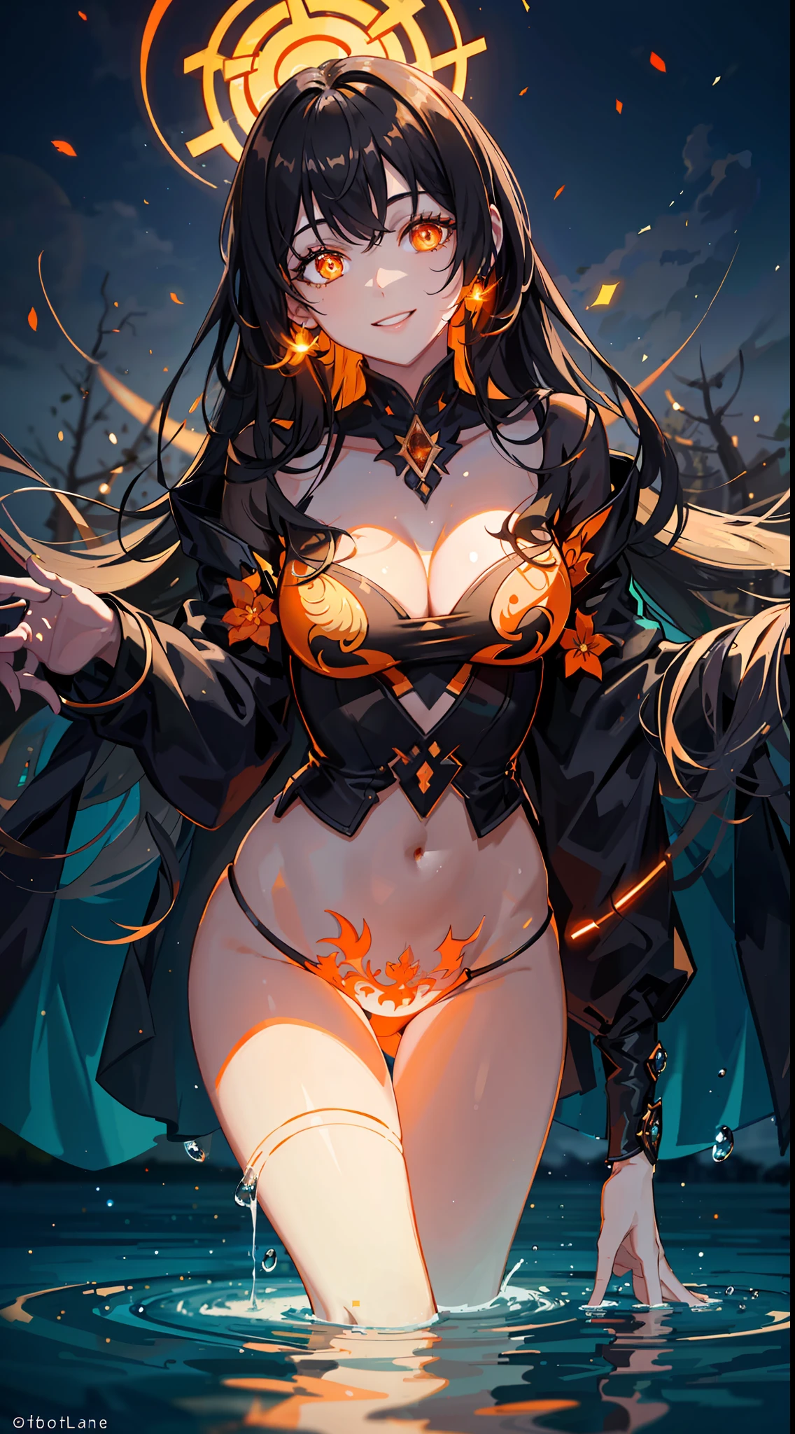 masterpiece, UHD, black hair, shapely, 1girl, orange crop top, detailed face, (beautiful and detailed orange glowing eyes:1.4), front shot, from bellow, smiling, full body, lake background, crystal clear water, park, night,