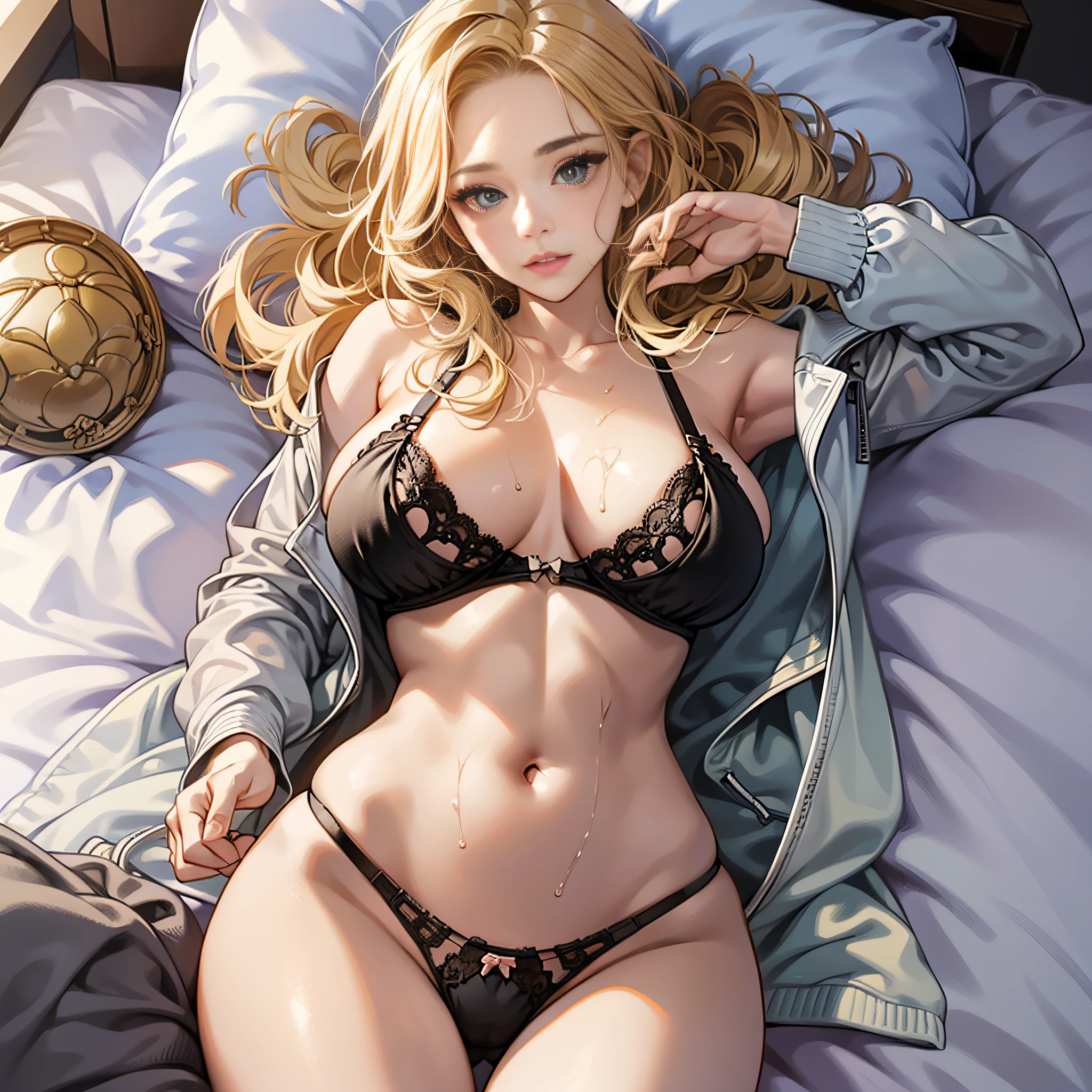 American movie actress, (high definition, young blonde beauty), micro underwear, soft looking big, tips of clearly visible, body lines are very sexy, crotch wide open, the shape of the tips of the is clearly visible, areola visible, pubic area is clearly visible, bra string is pulled by hand, underwear that sticks to wet skin, on bed