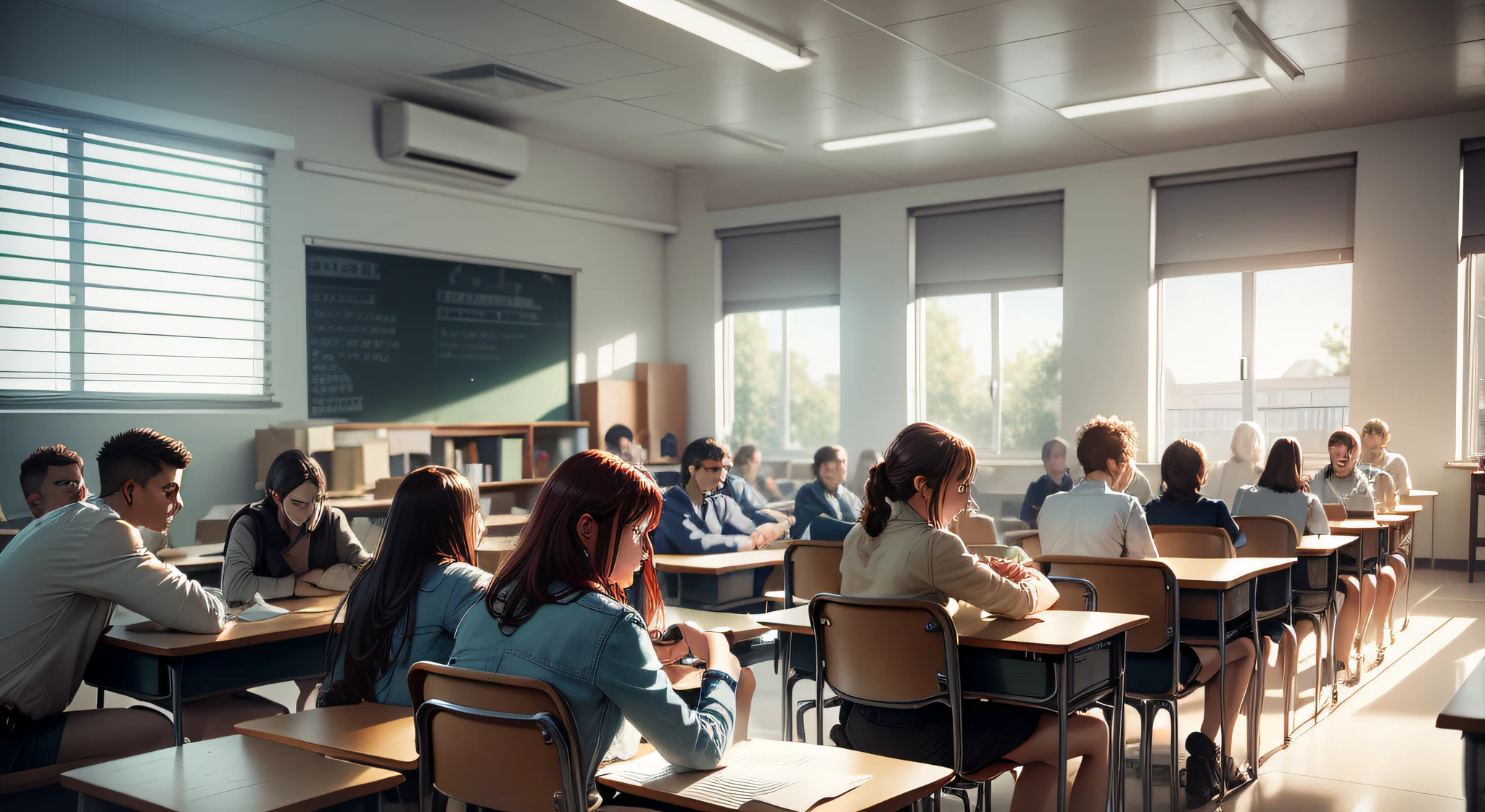 Drawing, ultra realistic, 8k, extremely detailed, in the best quality, students in a classroom