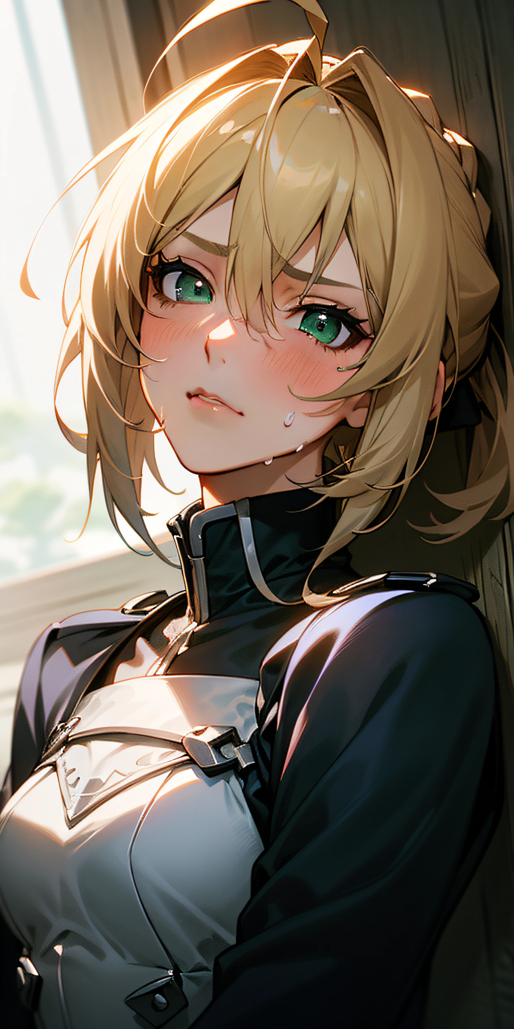 Artoria Pendragon (Destiny), masterpiece, best quality, high resolution, ultra-detailed, art book, anime coloring, CG, illustration, fantasy, 1 girl, solo, male focus, looking at the audience, attorian pendragon (destiny\), everyday clothing, detailed beautiful face and eyes,oppressive environment, capable slender figure ,dexterous dynamic masterpiece, best quality, high resolution, ultra-detailed,1 girl, solo, sideburns, ahoge, green eyes, portrait, standing, looking at the audience, Sweat, blush, glare, sense of redemption