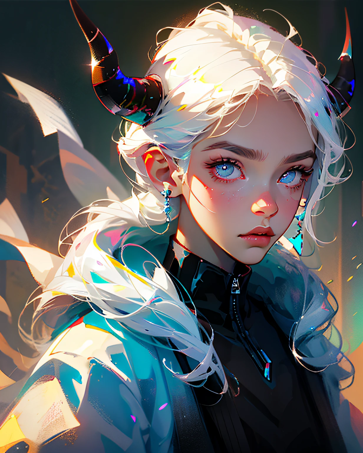 Perfect masterpiece, highest quality, perfect work of art, 8K, illustration, soft pale blue fur, white hair, black pupils, ghost horns, 2 horns, blue eyes, (boy, male, juvenile), bust photograph, gaze at the viewer.