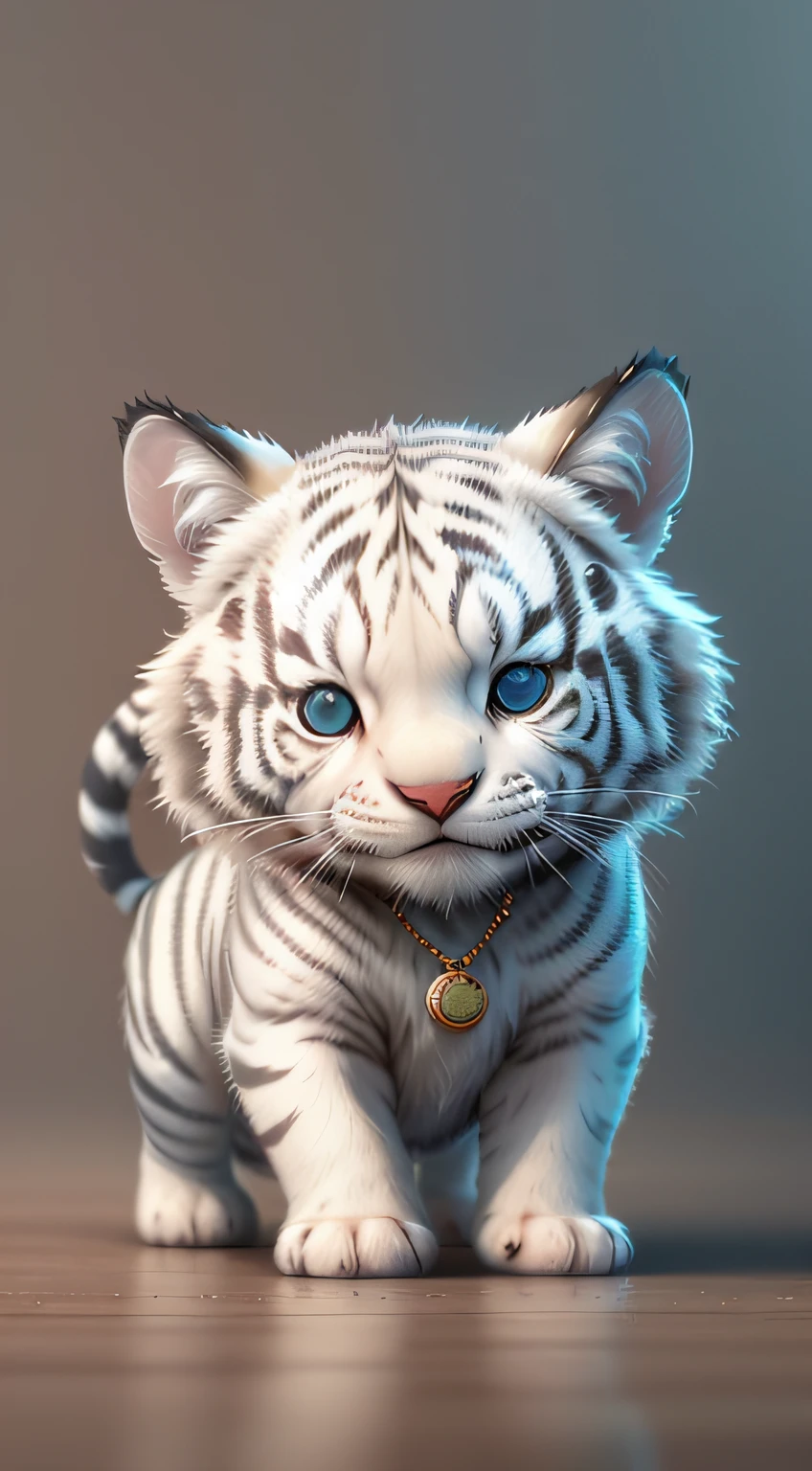 Cute baby, cute hyper-realistic little white tiger, eyes of different colors, wearing a necklace, chibi, cute and fluffy, logo design, cartoon, movie lighting effects, charming, 3D vector art, cute quirky, fantasy art, background blurring, hand drawn, digital painting, soft lighting, isometric style, 4K resolution, realistic rendering, highly detailed clean, vector images, realistic masterpieces, professional photography, simple space background, flat white background, isometric, vibrant vector