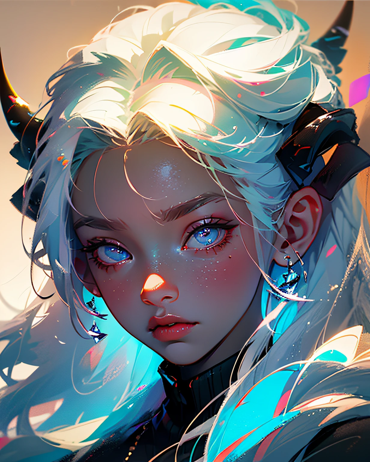 Perfect masterpiece, highest quality, perfect work of art, 8K, illustration, soft pale blue fur, white hair, black pupils, ghost horns, 2 horns, blue eyes, (boy, male, juvenile), bust photograph, gaze at the viewer.