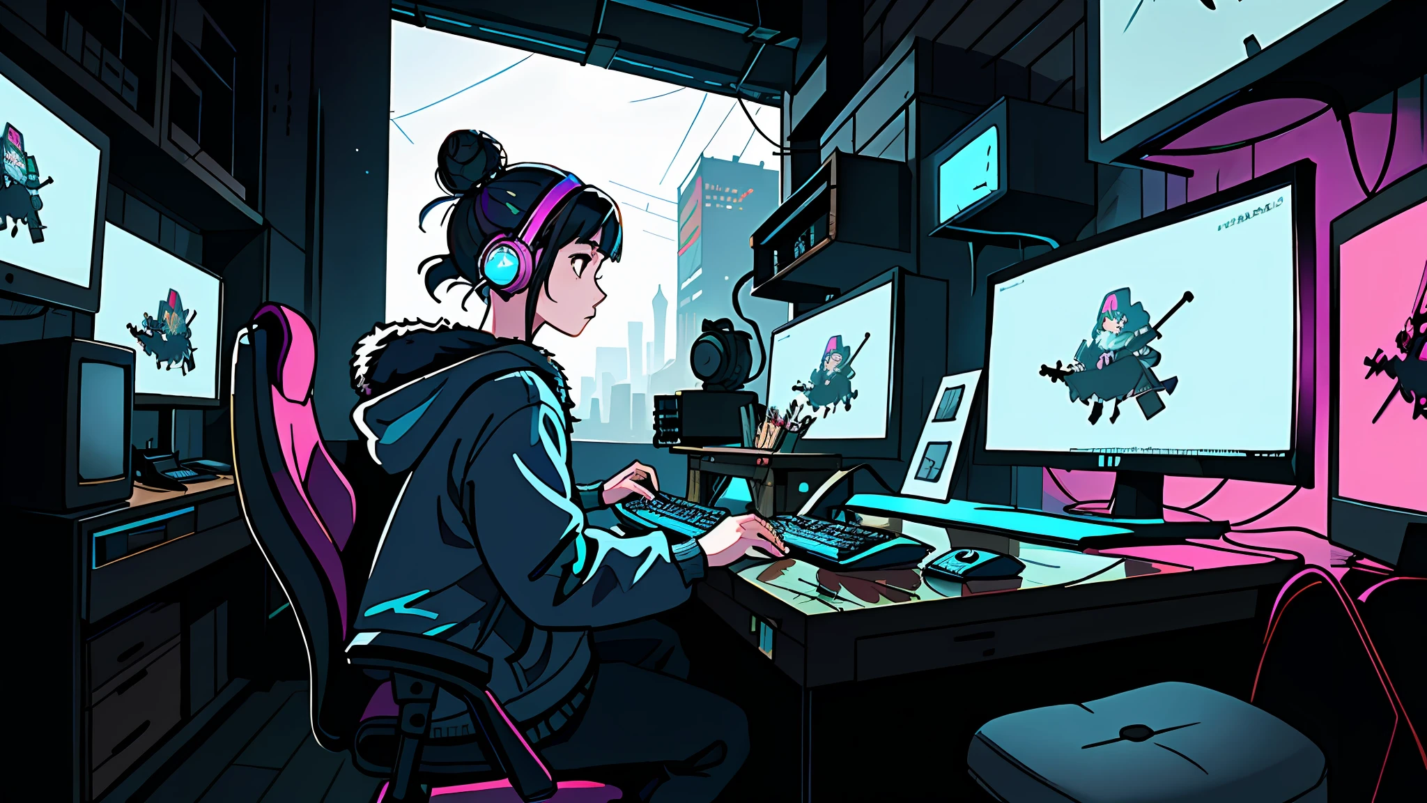 masterpiece,best illustration,solo,1girl,sitting,hair bun,keyboard \(computer\),fur trim,computer,monitor,hood,jacket,hood down,chair,headphones,city,double bun,instrument,cyberpunk, a small wooden toy,\(\(intricate details\)\),colorful details,iridescent colors BREAK,\(\(masterpiece best quality\)\),4k,ultra detailed,detailed lighting,\(\(inspired by Hayao Miyazaki\)\),official art,promotional art,composition,