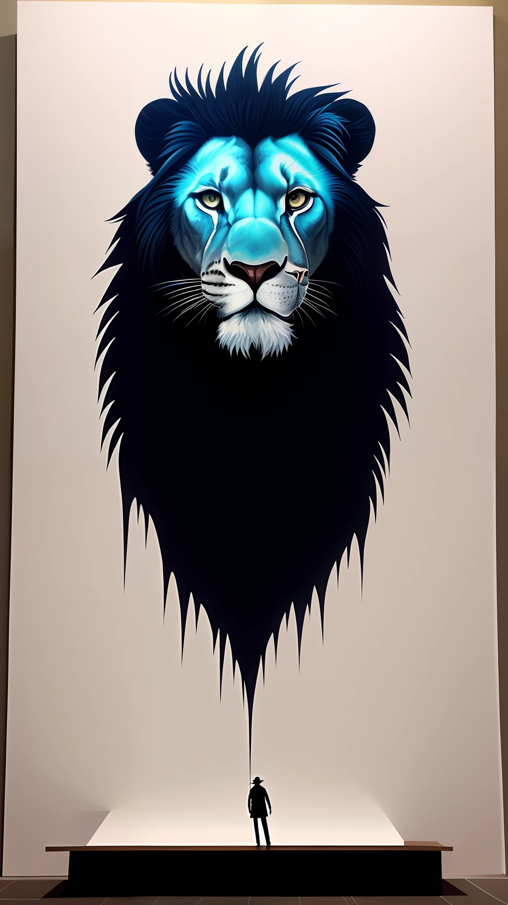 painting of a 1lEON sitting on a ledge in the dark, silhueta detalhada, silhueta :7, lion, por Lotte Cleaner, em papel preto, Simba, half lion, inspirado em Lotte Reiniger, production art, nas sombras, illustration », Direction: João Boul, 3 0, Direction: Leo Leuppi, monochromatic airbrush painting