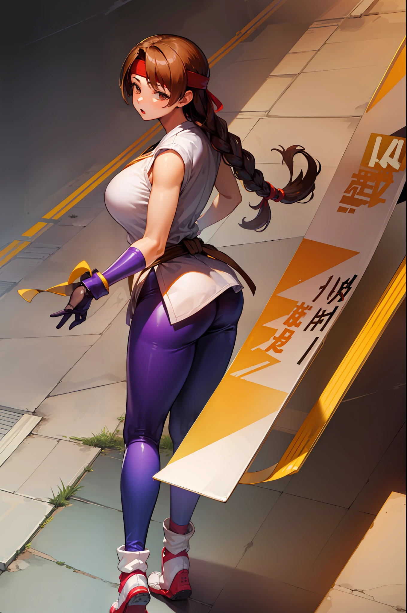 (masterpiece, best quality, high resolution, unity 8k wallpaper, extremely detailed CG: 1), (illustration: 1.0), 1girl, solo,21 years old, huge breasts, yurims, headband, dougi, spandex, gloves,