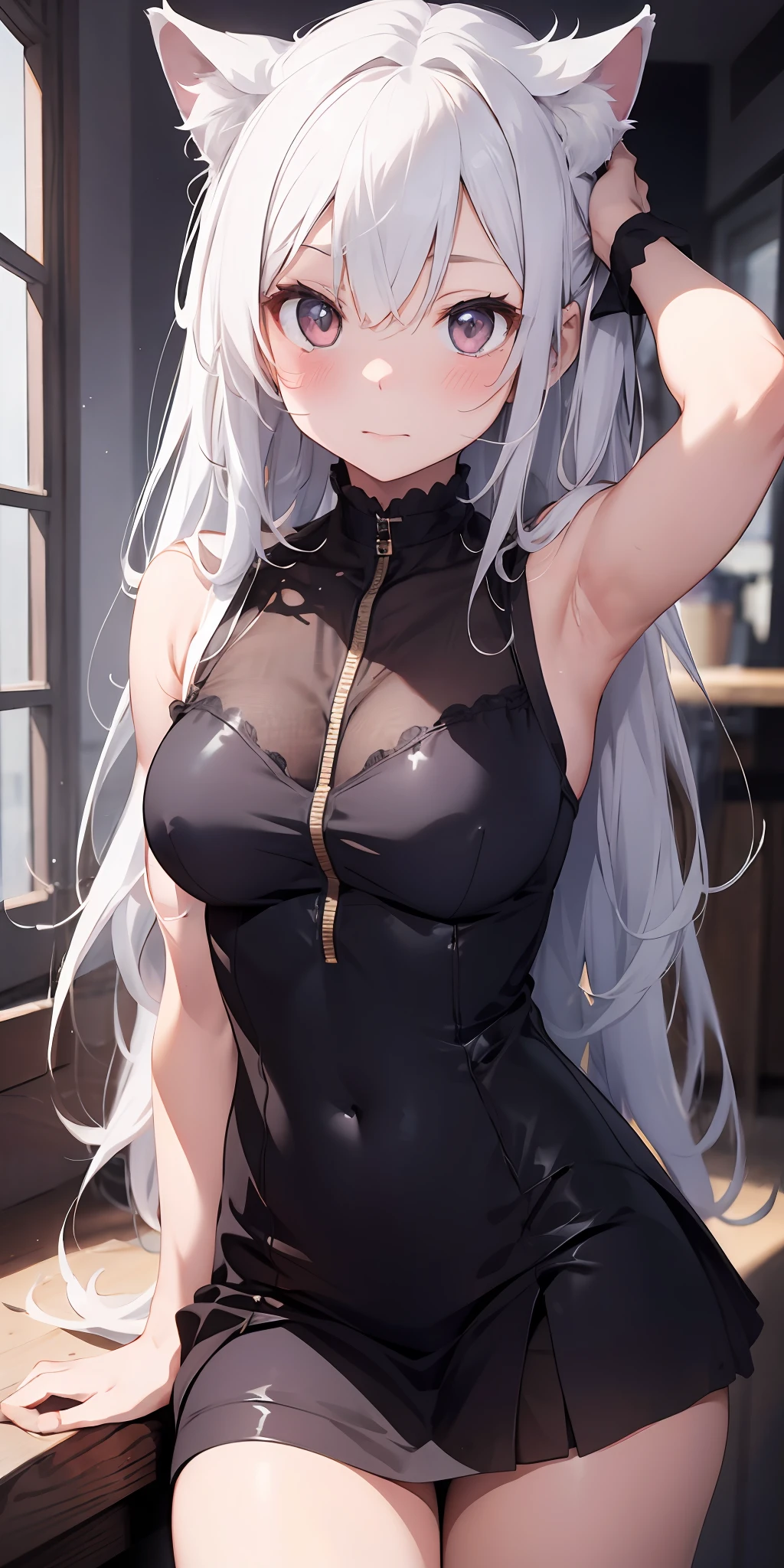 Anime girl with white hair and cat ears, ruby eyes, shy, blush, medium breast, bare legs, dress, high contrast, soft light, master piece, extraordinary nice
