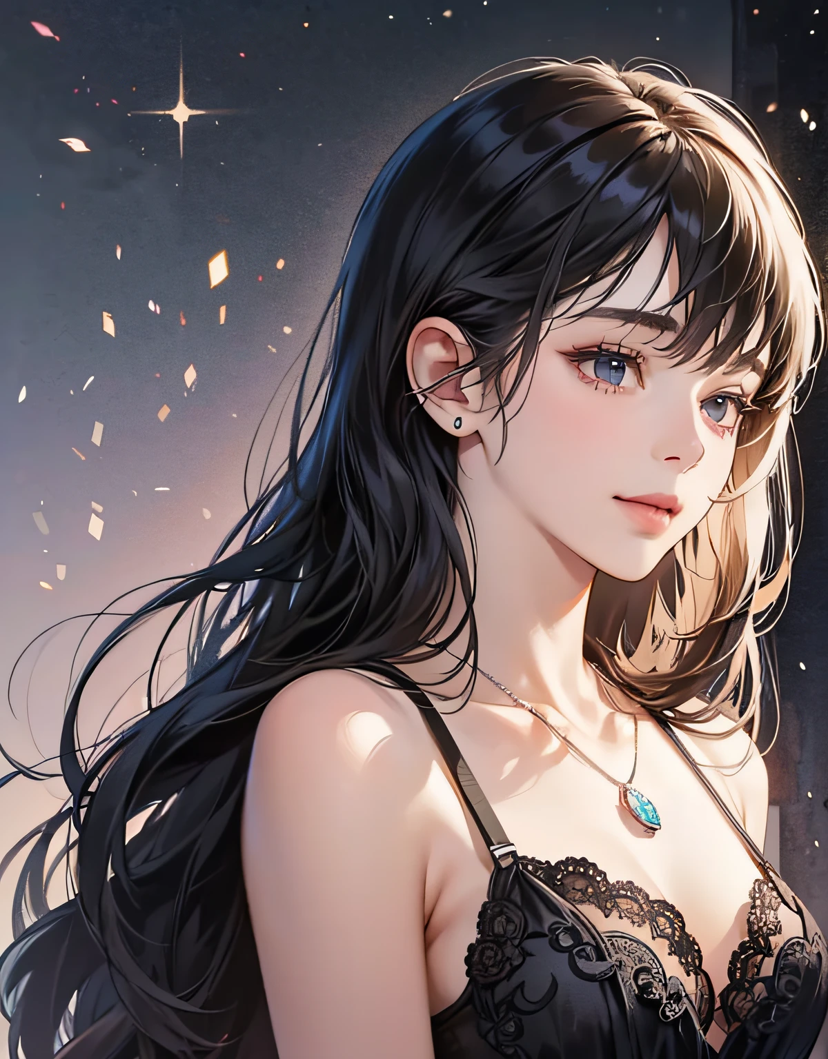 (Original photo: 1.2), (Realistic: 1.4), (Masterpiece: 1.3), (Top quality: 1.4), Dreamy, (detailed eyes), (detailed facial features), (detailed clothing features), skin tone, (shiny skin), (slim girl), (slim girl), (slim girl), 1 girl, (full length)), solo, cute, smlie, virtual girl aiming, (medium bust), bangs, straight hair, long hair, black hair, black eyes, crystal pendant, black lingerie, protruding,