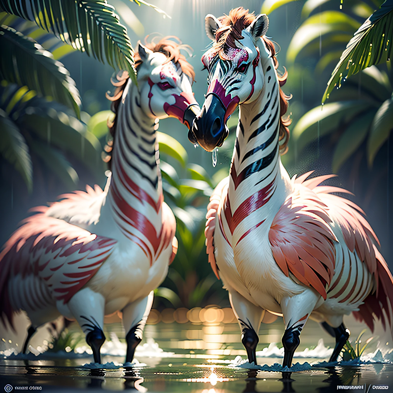 ((best quality)),((masterpiece)), hyper realistic illustration, (((ultra detailed)),, Scene structure: Enchanted forest: Winged zebras and flamingos dancing Hawaiian. Dense tropical forest. Wet rain. Beautiful sunset falling, movie light, cinematic, intricate details. Foliage rich in detail by Pixar, Walt Disney,, award-winning work, chromatic, 16K, motion blur, cinematic lighting, depth of field, reflection light, god rays, glowing light, blending, drop shadow, masterpiece