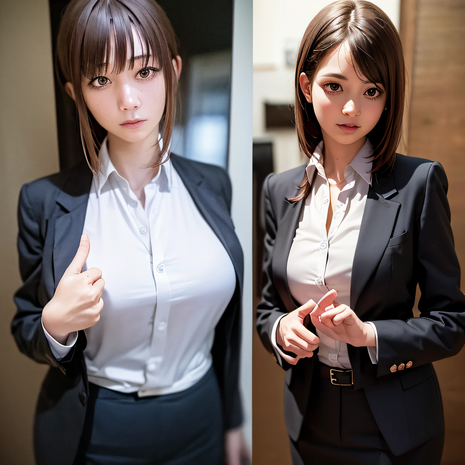 best quality, masterpiece, 1girl, Beautiful face, (photo realistic:1.3), rim lighting, (high detailed skin:1.2), 8k uhd, dslr, high quality, high resolution, 4k, 8k, Bokeh, absurdres, best ratio four finger and one thumb, (realistic:1.3), cute 1girl, wearing black formal blazer, medium breasts, short skirt, --auto