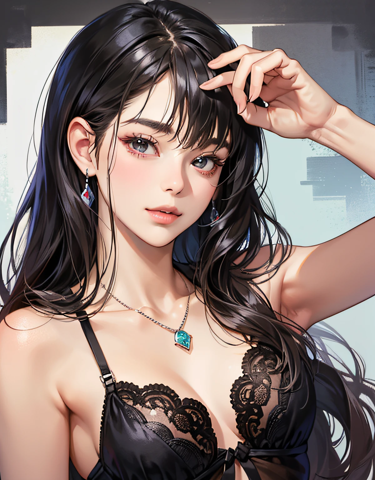 (Original photo: 1.2), (Realistic: 1.4), (Masterpiece: 1.3), (Top quality: 1.4), Dreamy, (detailed eyes), (detailed facial features), (detailed clothing features), skin tone, (shiny skin), (slim girl), (slim girl), (slim girl), 1 girl, (full length)), solo, cute, smlie, virtual girl aiming, (medium bust), bangs, straight hair, long hair, black hair, black eyes, crystal pendant, black lingerie, protruding,