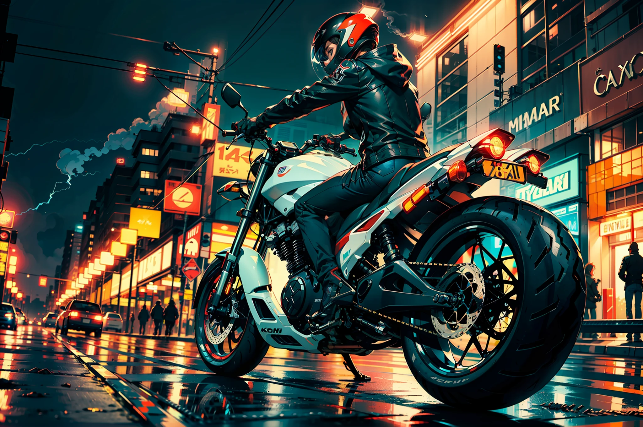 (8K),(Photorealistic:1.4),Masterpiece, Best Quality,1girl on a cyber sport type large motorcycle with big red full cowl, wide angle, solo, black riders with fluorescent blue lines, thighs, black hair knotted, black eyes, (cyber futuristic city), highway, machine, automobile, motorcycle, panorama, speedline, Motion blur, depth of field, perspective, panorama, floating hair, night, neon trim, turning due to sudden braking, smoke from motorcycle drifting tires, (light line of motorcycle tail lamp), dynamic composition, turning around the front wheel, sense of speed, (motorcycle sink shot), flowing neon lights, (smoke from the rear wheel of the bike), discharge behind the rear wheel of the bike, A motorcycle leaning parallel to the ground flows in the back of the screen, lightning bolts on the trail of tires, (the rear wheel of a futuristic design motorcycle glows)