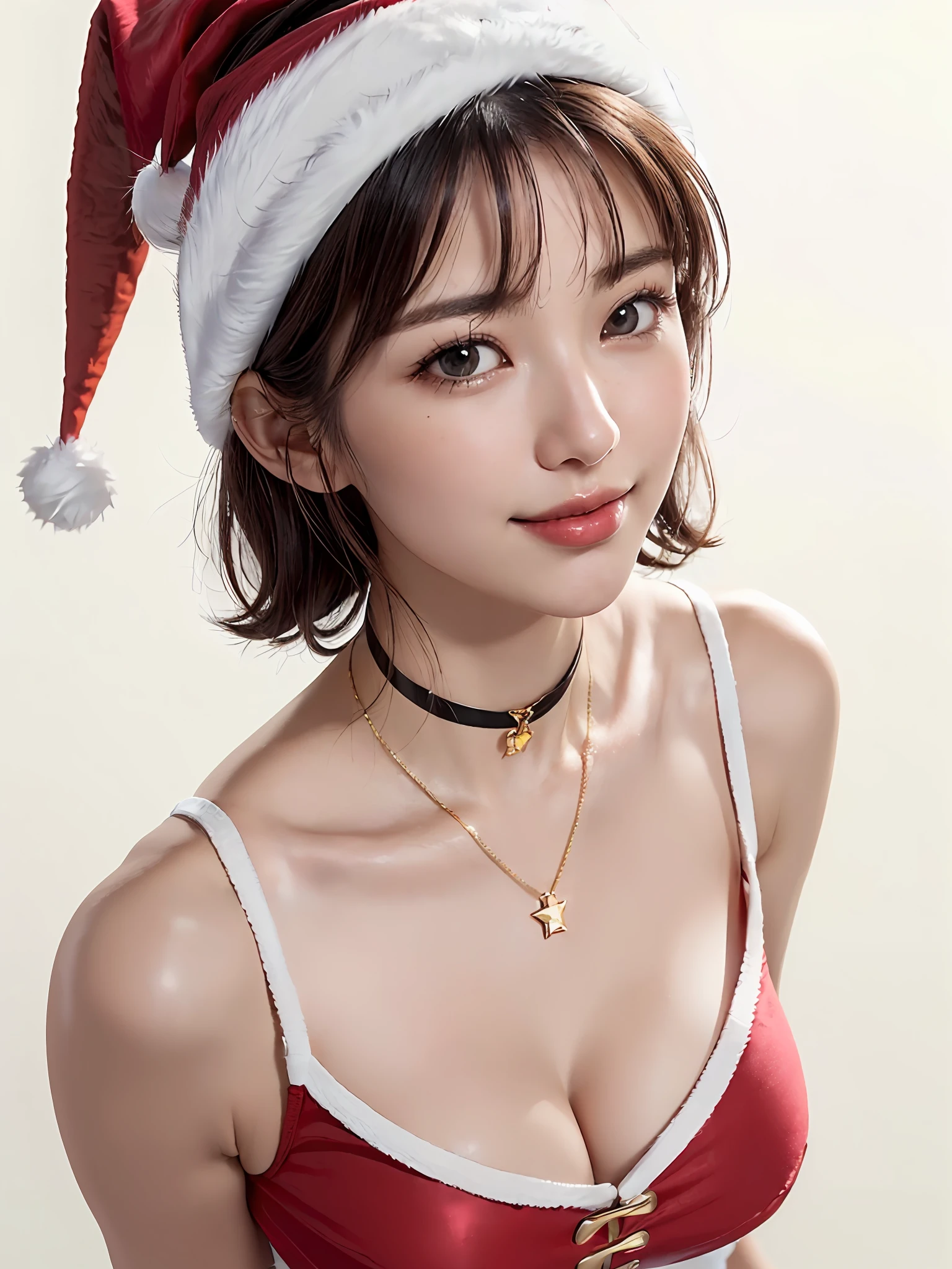 (Close-up: 1.4), (((Look up at the camera from above, look up with only eyes, look up at the camera)) (RAW Photo: 1.2), (Photorealistic: 1.4), (Masterpiece: 1.3), (Best Quality: 1.4), Dreamy, (Detailed Eyes), (Detailed Facial Features), ((Detailed Clothes), (Close-up: 1.4), (Staring at the camera from above, Looking up at the camera, Look up with just eyes, look up at the camera)) (RAW Photos: 1.2), (Photorealistic: 1.4), (Masterpieces: 1.3), (Best Quality: 1.4), Dreamy, (Detailed Eyes), (Detailed Facial Features), (Detailed Clothing Features), Skin Tightness, (Slightly Shiny Skin), (Slender Girls), (Slim Girls), One Girl, (Full Body), (Solo), Cute, ( chest), bangs, bangs, straight hair, shiny beautiful black hair, pale black eyes, crystal pendant, (best quality, 8k, 32k, masterpiece, UHD: 1.2), pictures of women with cute Japan, Solo, girl 1, (big breasts), (tall woman), (abs), (lips), mouth closed, firm double eyelids, wet skin, Only one very beautiful woman, very beautiful, gaze looking directly at the camera, golden ratio face, golden ratio body, perfect body, perfect face, perfect breasts, big looking directly at the camera, chest close, very beautiful breast, coquettish smile, very happy smile, big eyes, eye highlights, lip gloss, clear double eyelids, eyelashes, long neck, beautiful short hair, shiny dark black hair, bangs, thick bangs, slightly shiny skin, chest moles, Teardrop moles, pretty bangs, clean collarbones, clean snow-white background, sky background, crystal clear overwhelming charm, attractive natural light, 19 years old, choker, skin tightening, (slender girl), (slim girl), one girl, (full body), (solo), cute, (chest), bangs, bangs, straight hair, shiny beautiful black hair, pale black eyes, crystal pendant, ( Top Quality, 8k, 32k, Masterpiece, UHD: 1.2), Cute Japan Woman Pictures, Solo, One Girl, (Big Eyes), (Tall Women), Cute Pose, ((Sleeveless, Santa Claus Costume, Santa Claus Hat, Just Cute, Charming Woman)))