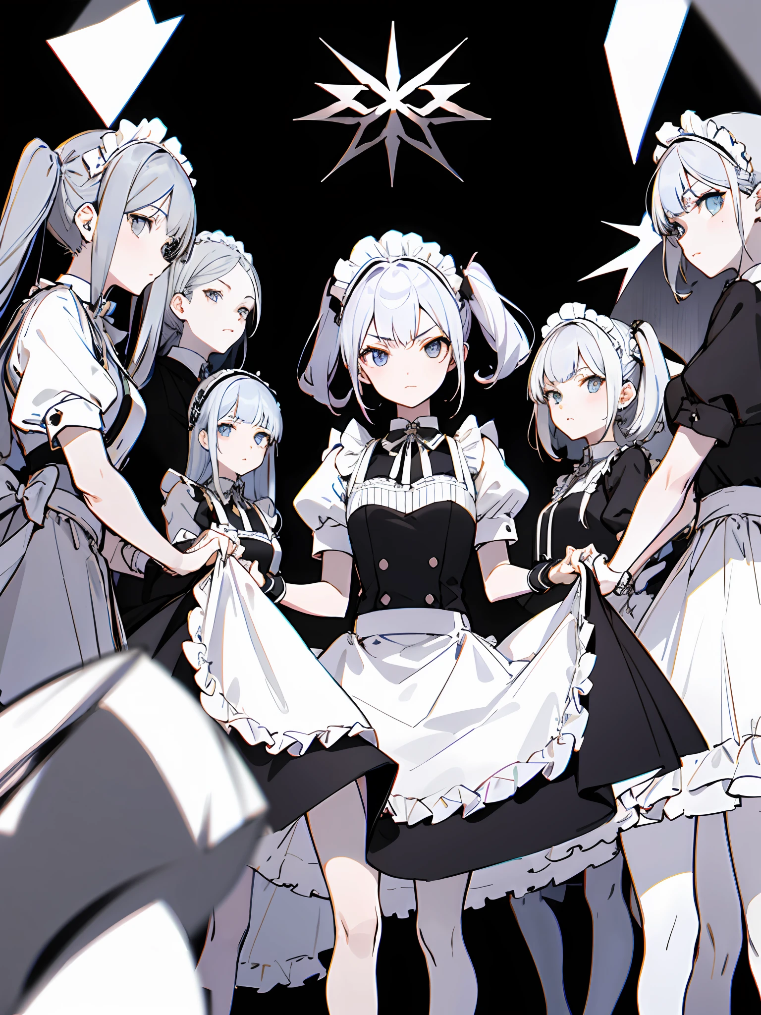 Groupe of girls lined up, [twintails], gloomy face, maid, yandere, skirt lift, panties, [self lift], fully visible panty, encircling viewer, random panties,