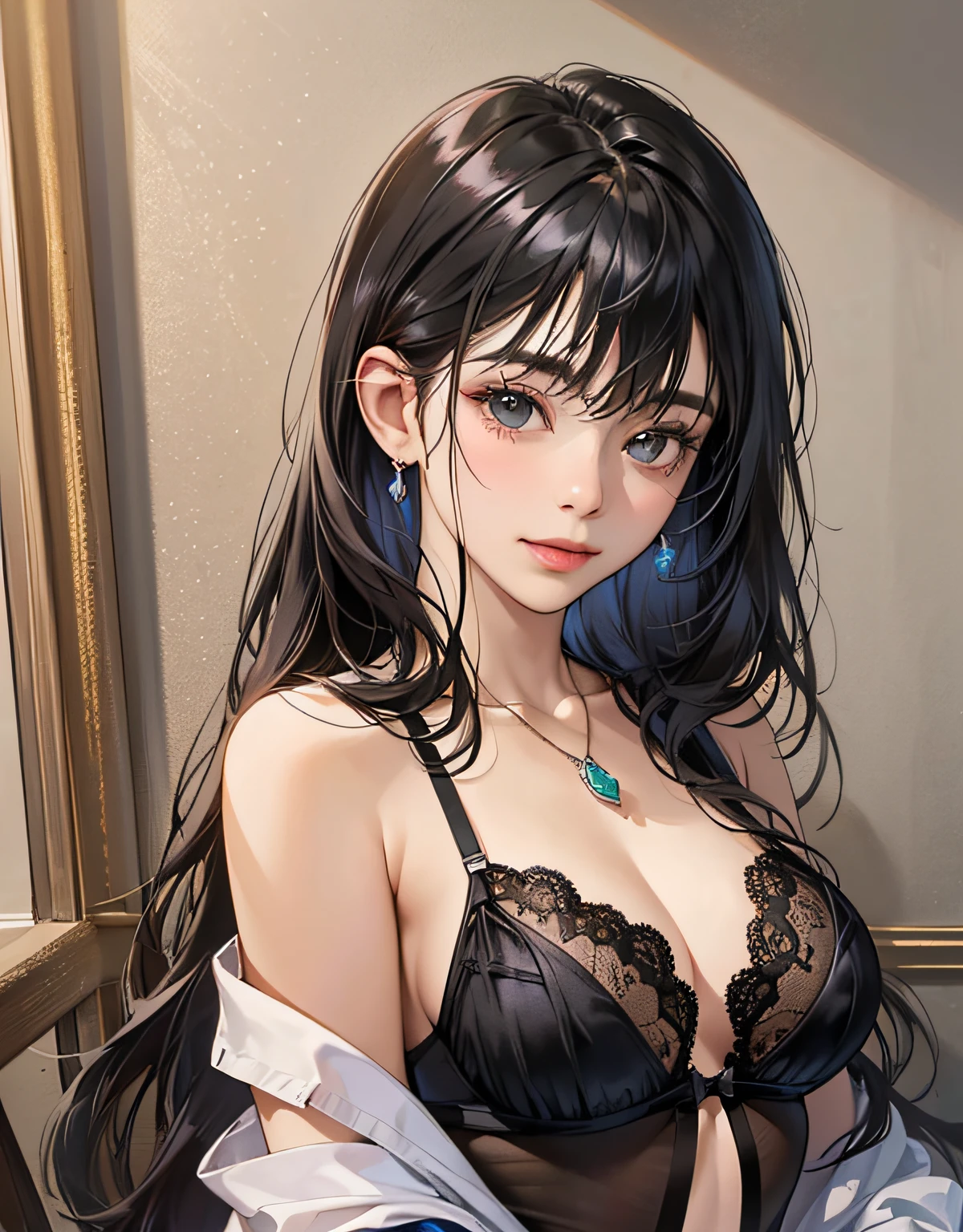 (Original photo: 1.2), (Realistic: 1.4), (Masterpiece: 1.3), (Top quality: 1.4), Dreamy, (detailed eyes), (detailed facial features), (detailed clothing features), skin tone, (shiny skin), (slim girl), (slim girl), (slim girl), 1 girl, (full length)), solo, cute, smlie, virtual girl aiming, (medium bust), bangs, straight hair, long hair, black hair, black eyes, crystal pendant, black lingerie, protruding,