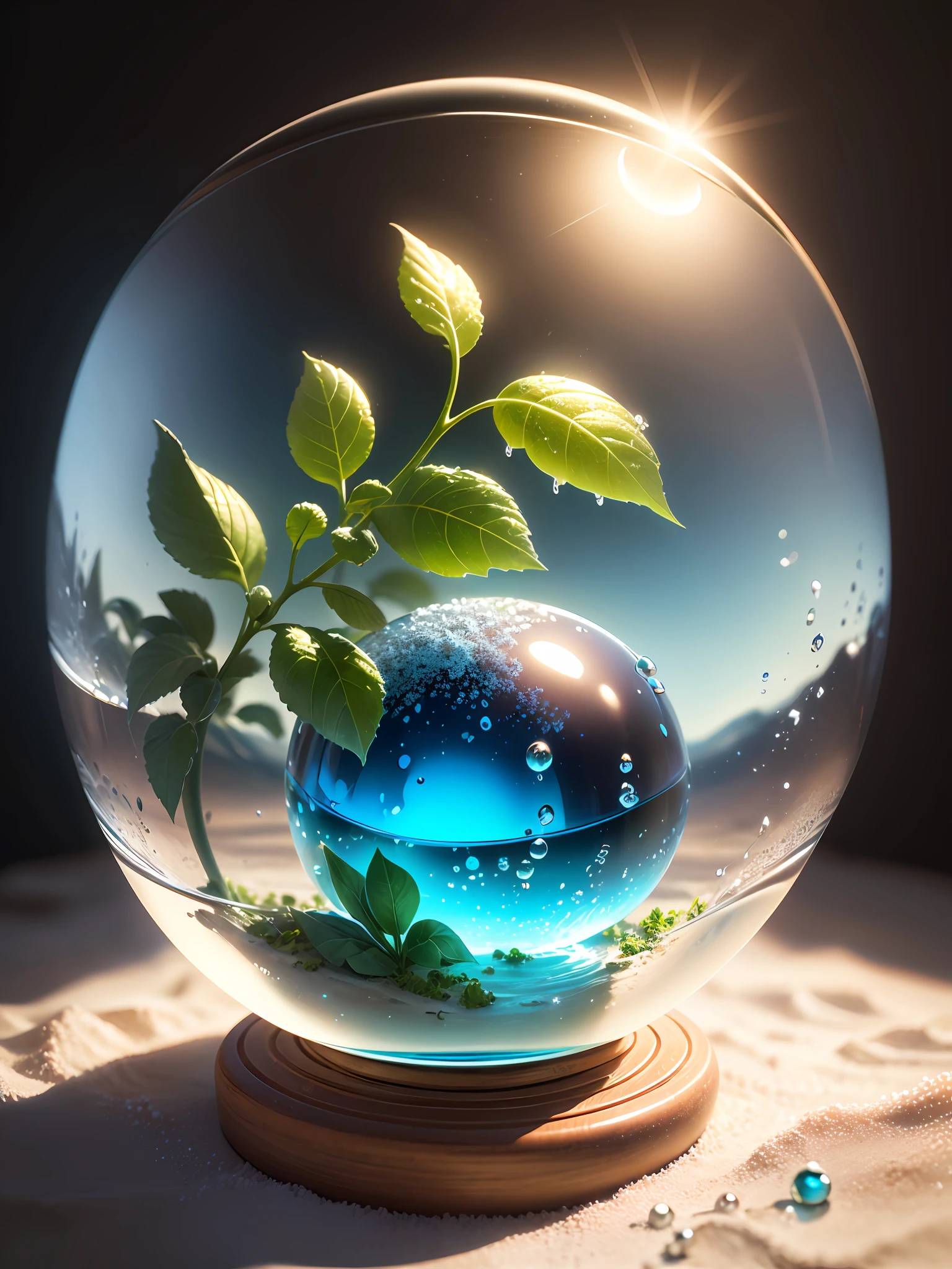 Ultra-realistic, 16K high resolution, (Max Sharp focus: 1.3), (Max Close-up: 1.5), (Young herbs trapped in a crystal perfect ball with pedestal on a table: 1.7), (Water drops, drops, white sand: 1.5), (Blue backlight)