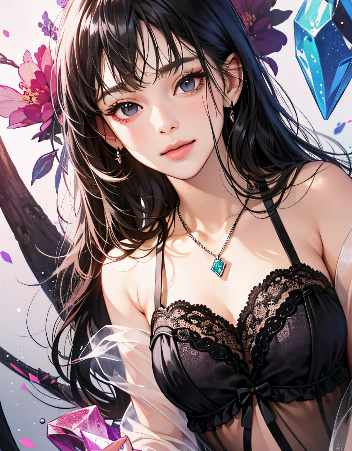 (Original photo: 1.2), (Realistic: 1.4), (Masterpiece: 1.3), (Top quality: 1.4), Dreamy, (detailed eyes), (detailed facial features), (detailed clothing features), skin tone, (shiny skin), (slim girl), (slim girl), (slim girl), 1 girl, (full length)), solo, cute, smlie, virtual girl aiming, (medium bust), bangs, straight hair, long hair, black hair, black eyes, crystal pendant, black lingerie, protruding,