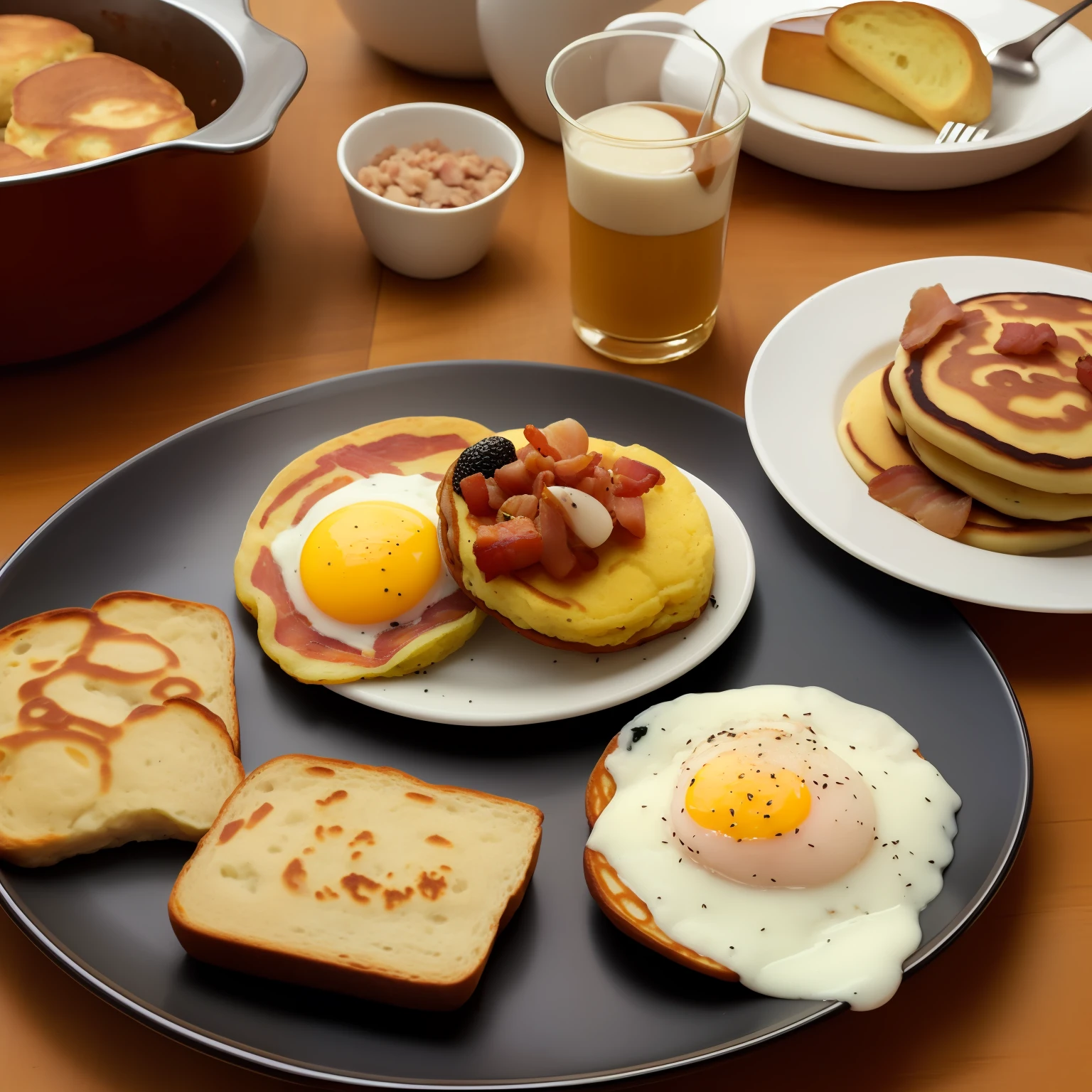 Sunday morning brunch, various egg dishes, bacon, fruit, hotcakes and bread, three little pigs --auto