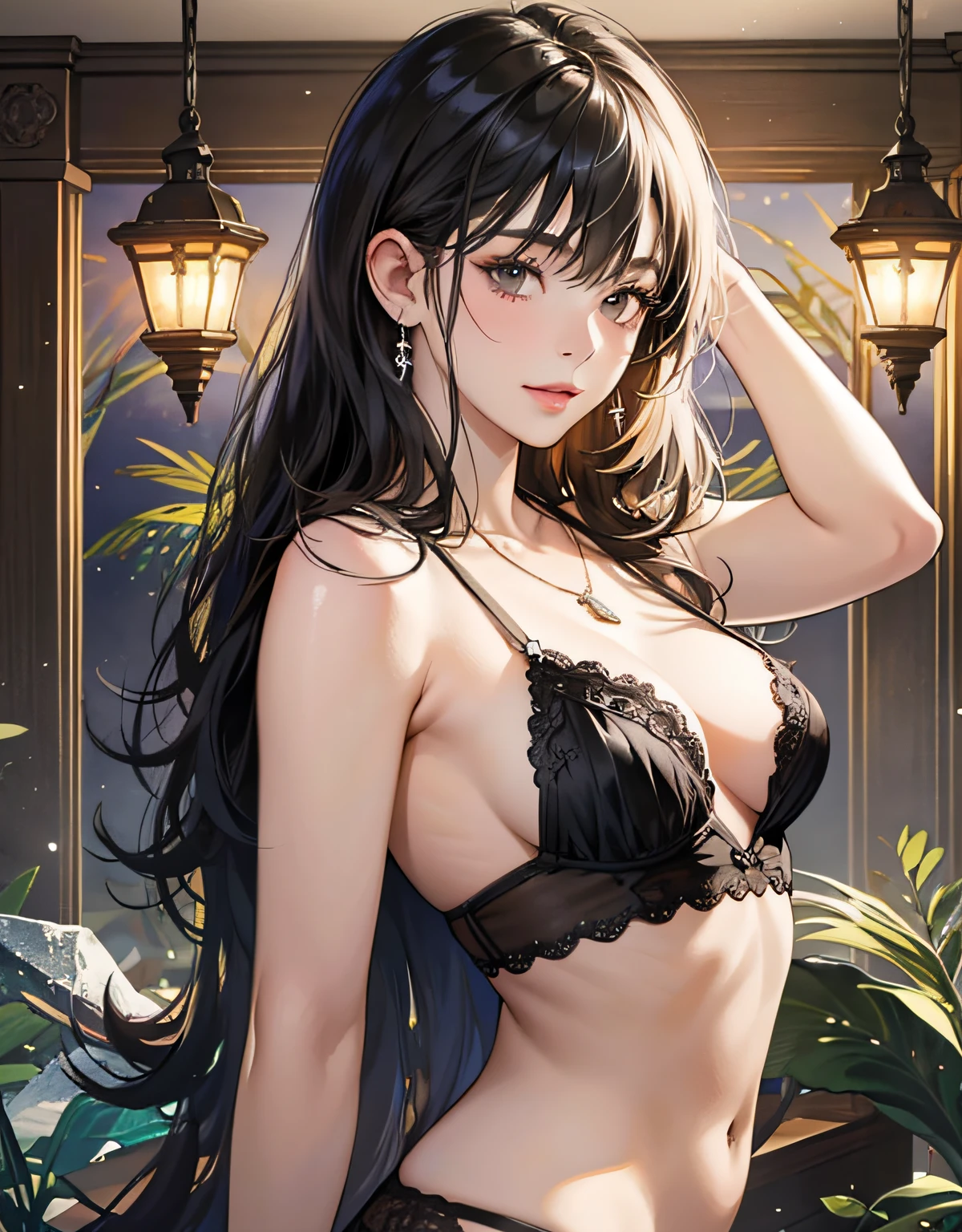 (Original photo: 1.2), (Realistic: 1.4), (Masterpiece: 1.3), (Top quality: 1.4), Dreamy, (detailed eyes), (detailed facial features), (detailed clothing features), skin tone, (shiny skin), (slim girl), (slim girl), (slim girl), 1 girl, (full length)), solo, cute, smlie, virtual girl aiming, (medium bust), bangs, straight hair, long hair, black hair, black eyes, crystal pendant, black lingerie, protruding,