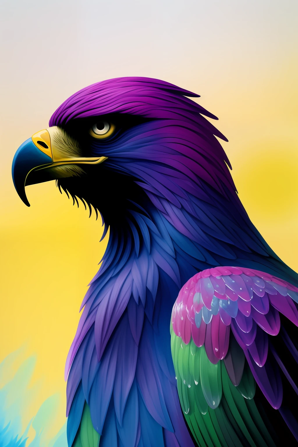 Colorful Eagle: A 28-year-old Giru, oil painting, perfect feathers, blue yellow colors, light purple and violet additions, light red additions, intricate details, welcome screen, 8k resolution, masterpiece, artstation digital painting Very smooth ink flow: 8k resolution Photorealistic masterpiece: Intricately detailed fluid gouache painting: by Jean Baptiste Mongue: Calligraphy: Acrylic: Watercolor Art, Professional Photography, Daylighting, Maximalist Volumetric Lighting Photoillustration: by Marton Bobzert:, Complex, Elegant, Expansive, Fantastic, Vibrant, Best Quality Details, Realistic, High Definition, High Quality Texture, Epic Lighting, Motion Picture Still, 8k, Soft Lighting, Anime Style, Masterful Playing Card Edge, Random Colorful Art, Oil Painting, Blue Yellow Colors, Purple Color Additions clear and violet, light red additions, intricate details, welcome screen, 8K resolution, masterpiece, artstation digital painting Very smooth Black ink flow: 8K resolution Photorealistic masterpiece: intricately detailed fluid gouache painting: by Jean Baptiste Mongue: Calligraphy: acrylic: watercolor art, professional photography, natural lighting, volumetric lighting Maximalist photoillustration: by Marton Bobzert:, complex, Elegant, expansive, fantastic, vibrant