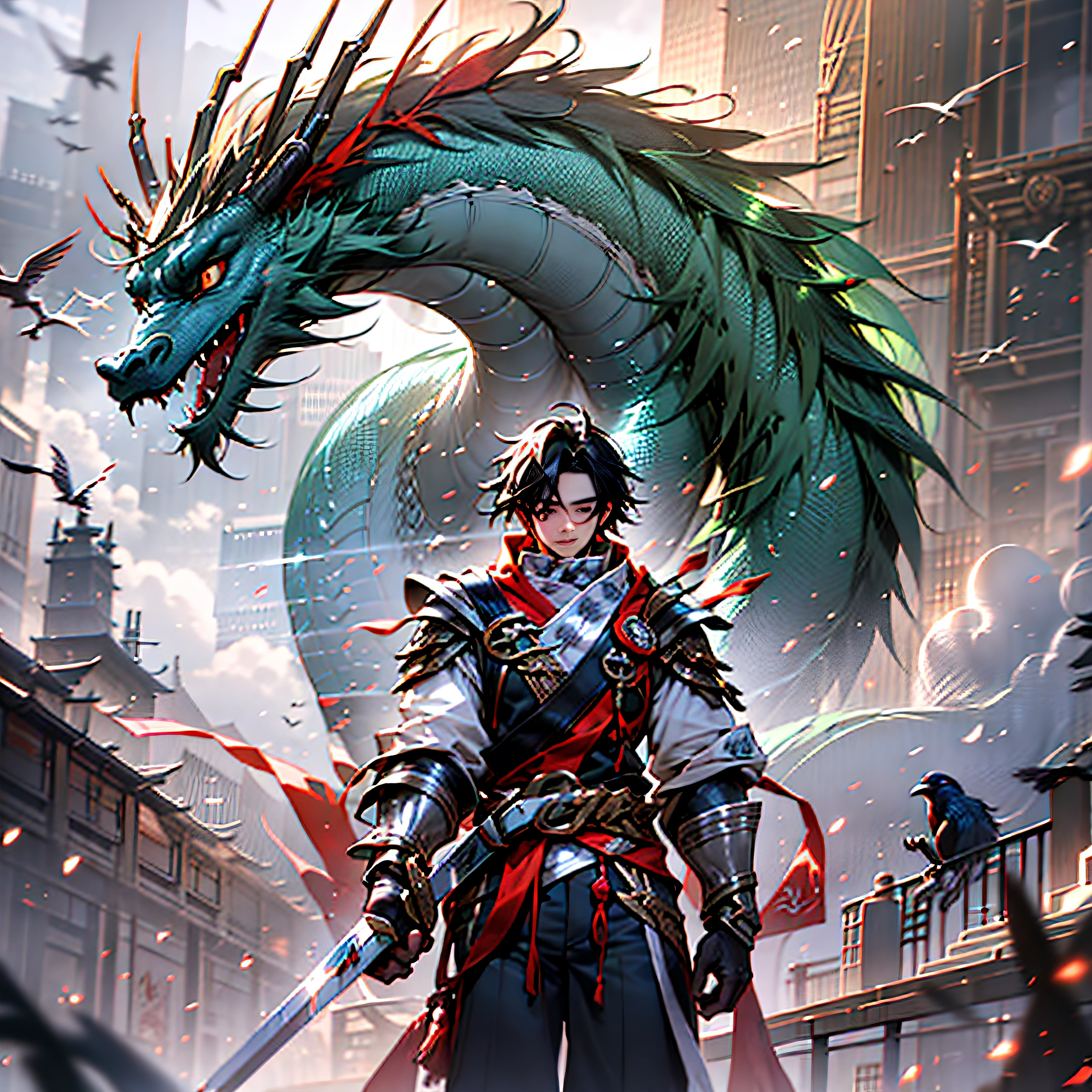 1 boy, 20 years old, oriental dragon, wingless, outdoor, standing, clouds, weapons, from behind, sky, cloudy sky, animal, holding a weapon, towering into the clouds, monster, bird, fog,