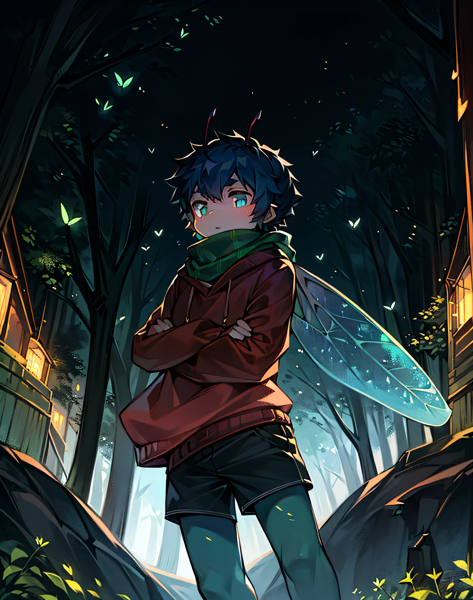 Master Works, 8K, Best Quality, More Detail, Premium Portrait, Highest Definition, Anti-Aliasing, Smooth Colors, Smooth Light, Detailed Textures, Dense Forest, Solitary, Insect Boy, Plant Boy, Lemaciated Body Type, Shota, Humanoid, Short Hair, Sweatshirt, Shorts, Moss Skin, Insect Arms, Insect Joints, Insect Limbs, Glowing Pattern, Green Leaf Shawl, Thorny Scarf, Leafy Scales, Mass Insect Features, Insect Features, Arthropod Features, Feather Antennae, Dark Skin, Four Pairs of Arms,, Blue light wings, moths