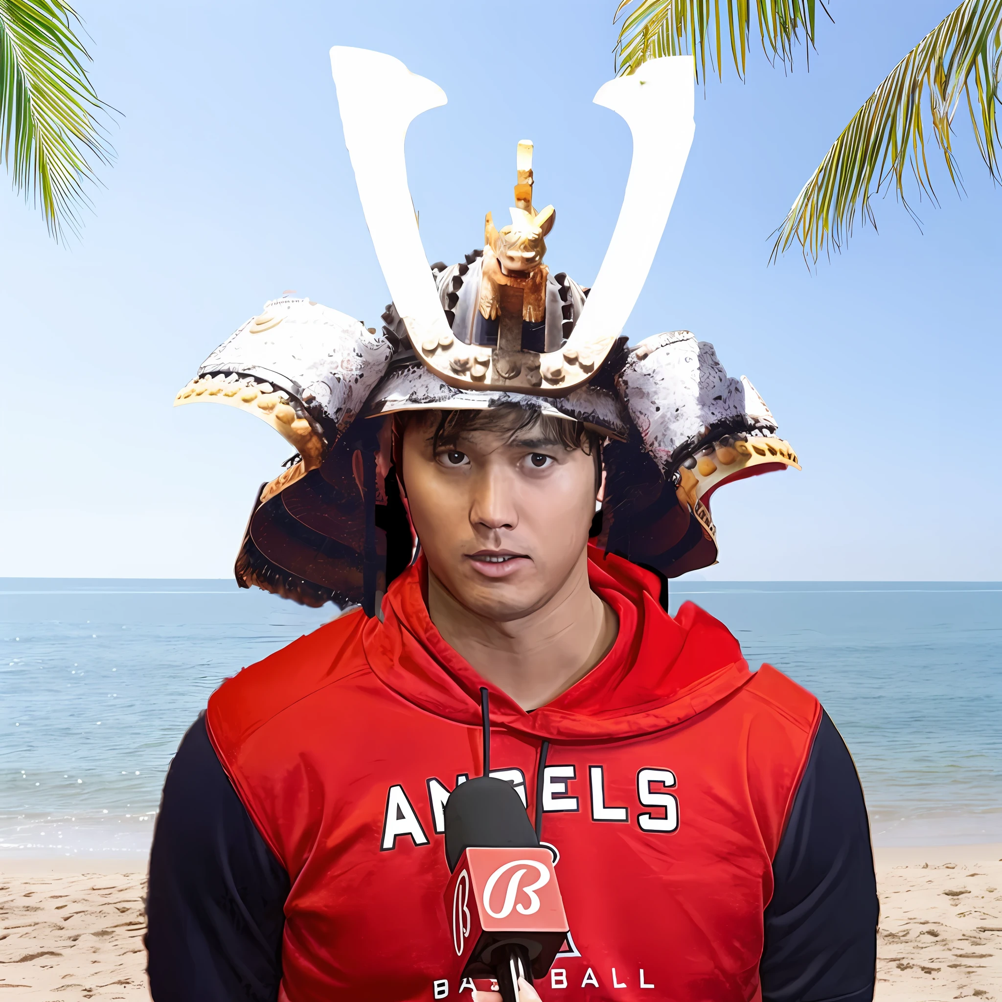 arafed man wearing a samurai hat on the beach, wearing winged helmet, as samurai, tsunami behind him, inspired by Randy Vargas, wearing ornate helmet, official, RB6s), in a horned helmet, rafael, kazuki tanahashi, horns on head, akihiko yoshida 8 k, royal attire akira, michael okuda