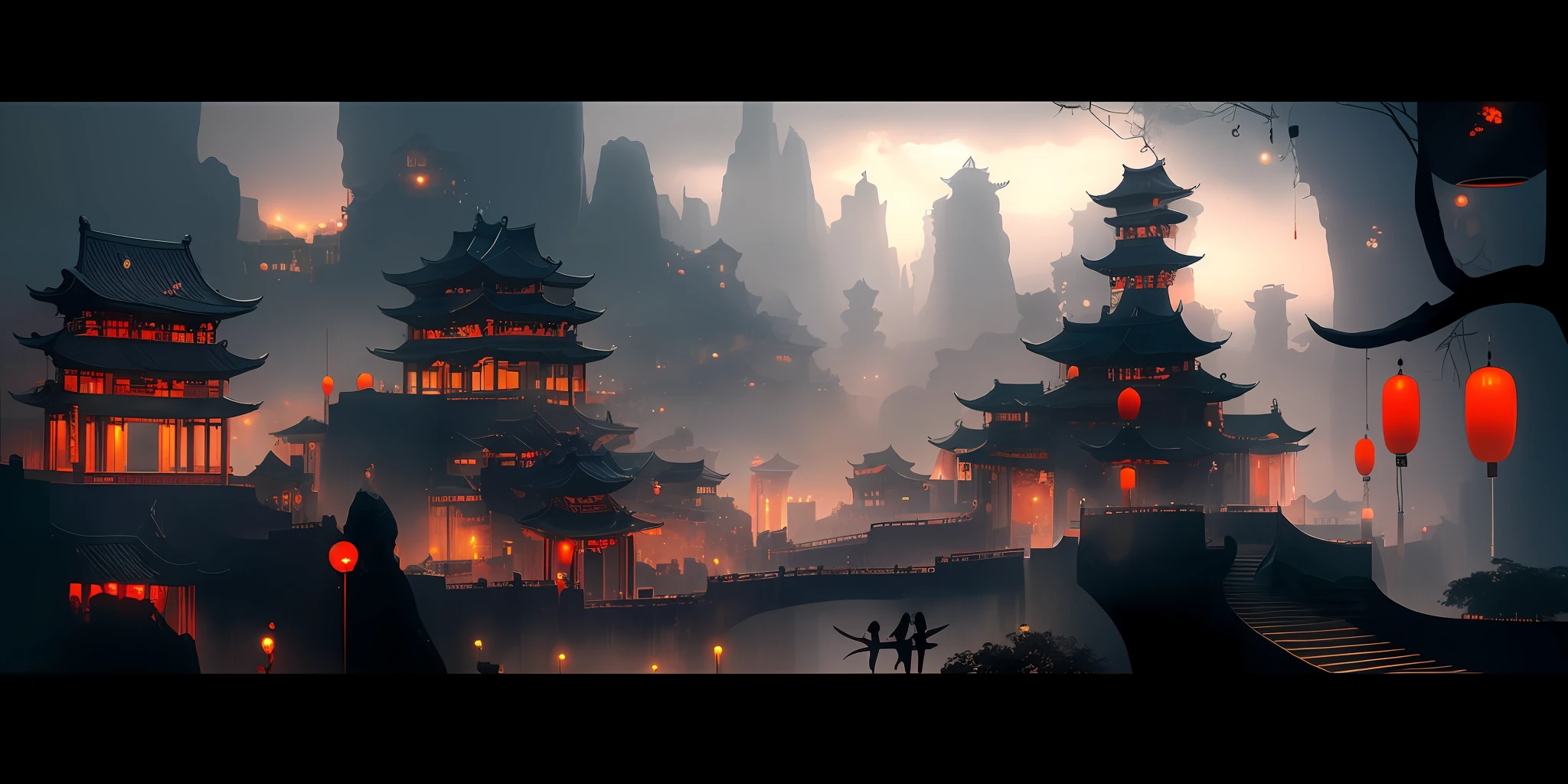 Images of Asian landscapes, ancient Chinese palaces, sky palaces surrounded by lakes, waterfalls pouring down from buildings, winding Chinese corridors, looking up at the city in the clouds, glazed tiles, cornices, brilliant lights, night view on rainy days, in a fantastical otherworldly visual style, looking up, starry sky, orange and cyan, intricate map world, surrealist illustrations, romanticized cityscapes, masterpieces, hyper-detail, epic composition, ultra hd, high quality, very detailed, official art, unified 8k wallpaper, Ultra detail, 32k